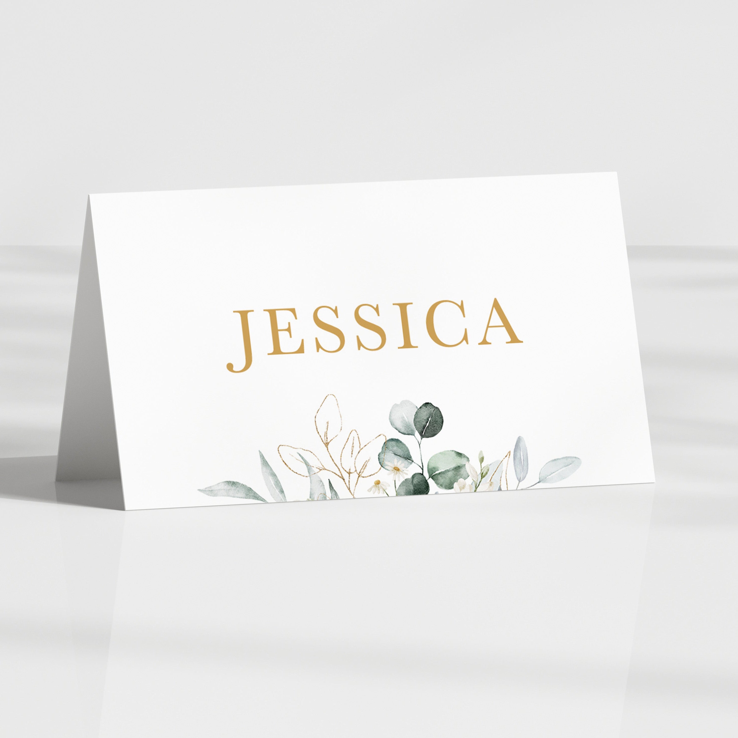 Green and Gold Daisy Eucalyptus folded wedding guest name card