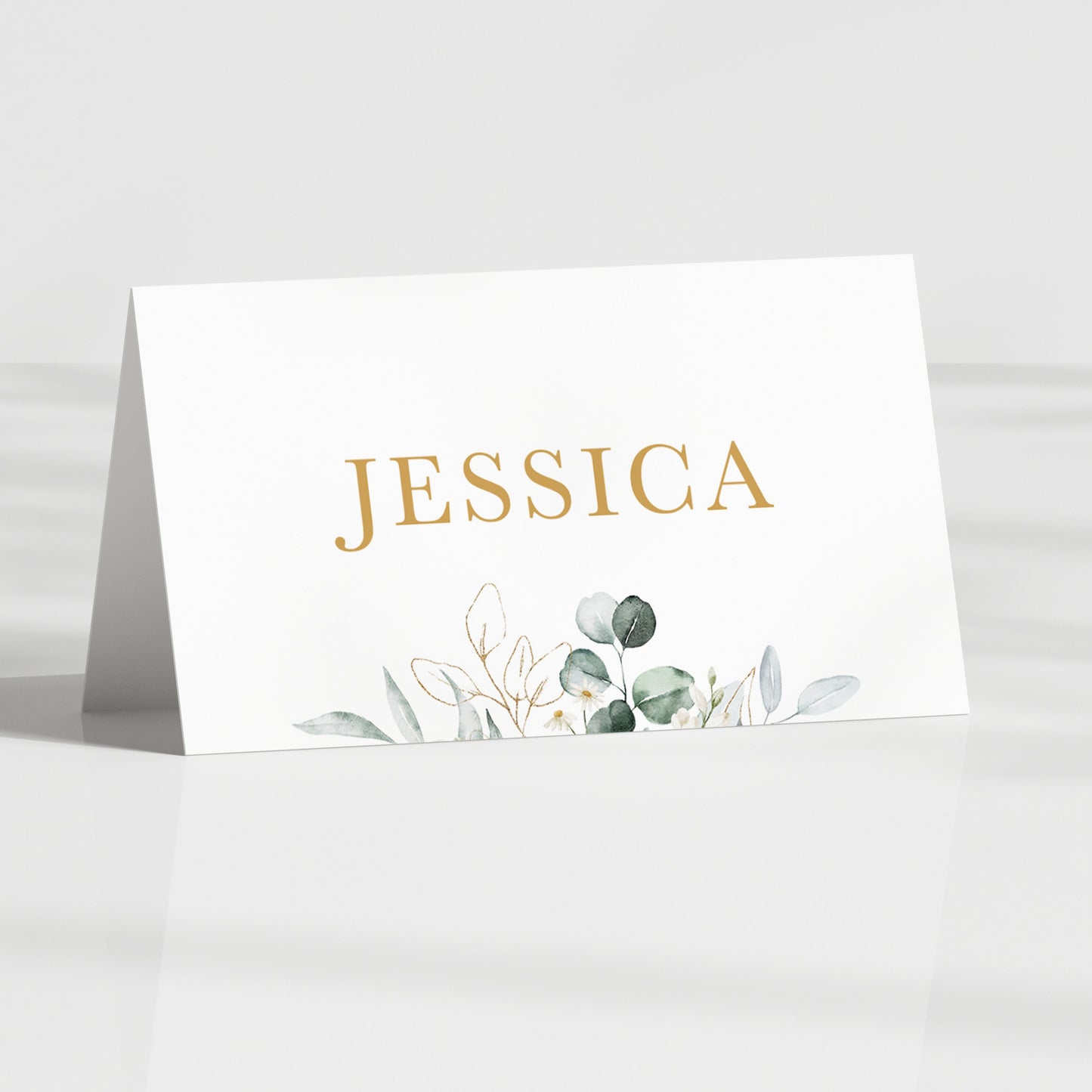 Green and Gold Daisy Eucalyptus folded wedding guest name card