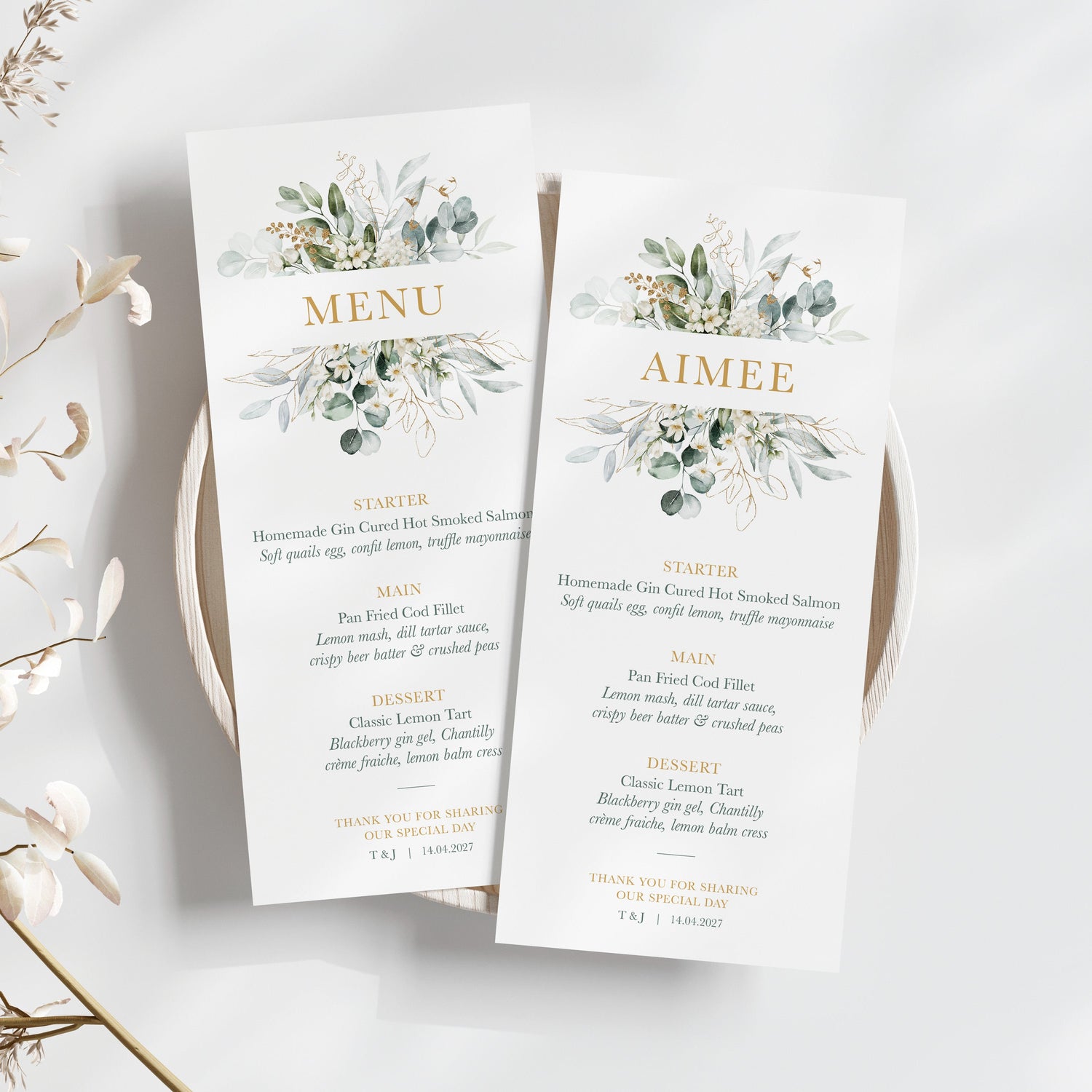 Eucalyptus and Daisy wedding menus, with watercolour eucalyptus pattern and gold and green writing, wedding menu personalised with name 
