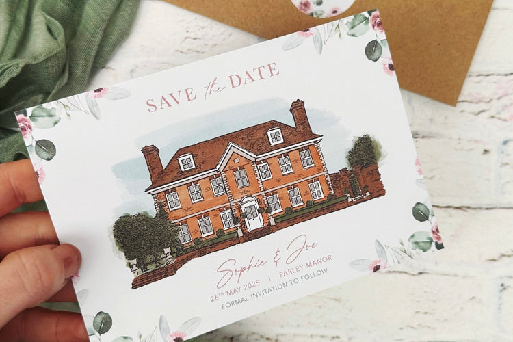 watercolour painting of Parley Manor wedding venue in Bournemouth, Dorset for wedding save the dates. Hand painted wedding save the dates