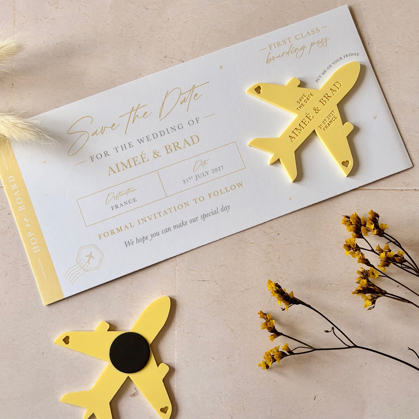 White & Yellow Boarding Pass Save the Dates