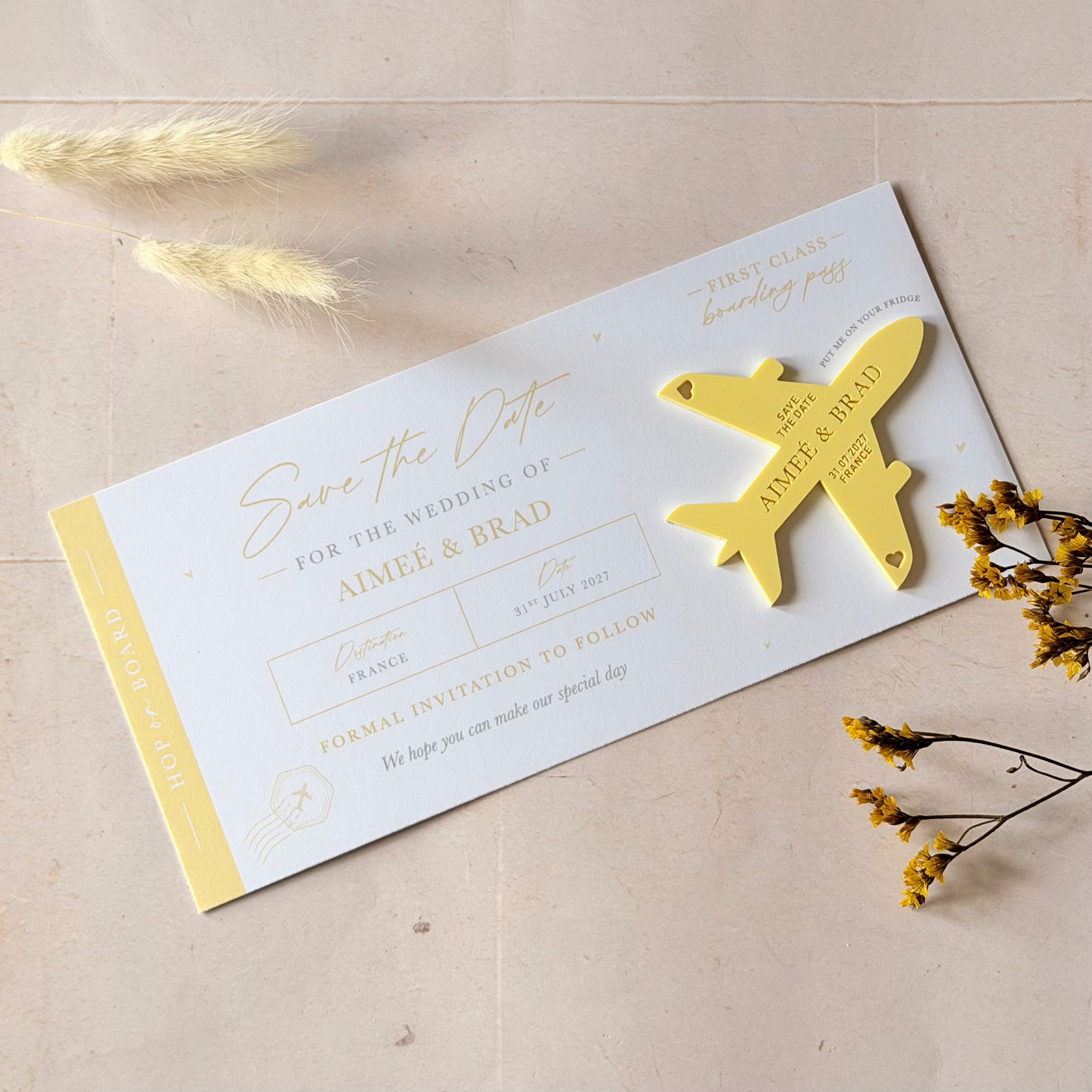 White & Yellow Boarding Pass Save the Dates