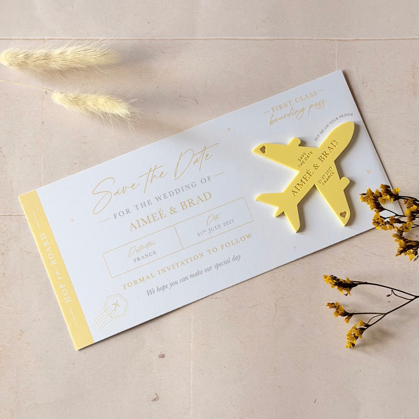 White & Yellow Boarding Pass Save the Dates