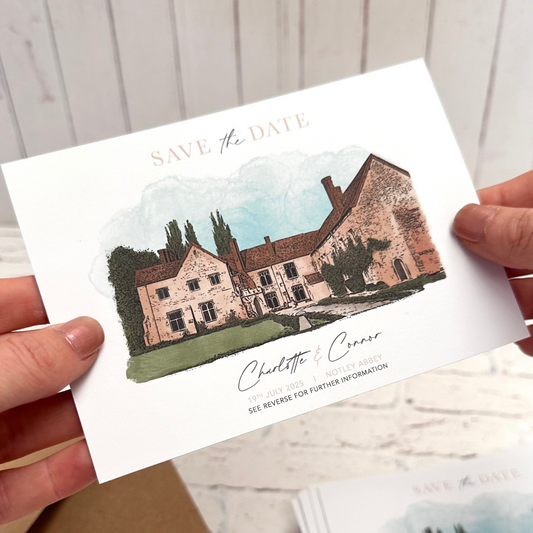 Wedding save-the-date card featuring a bespoke watercolour illustration painting of the Notley Abbey, Buckinghamshire