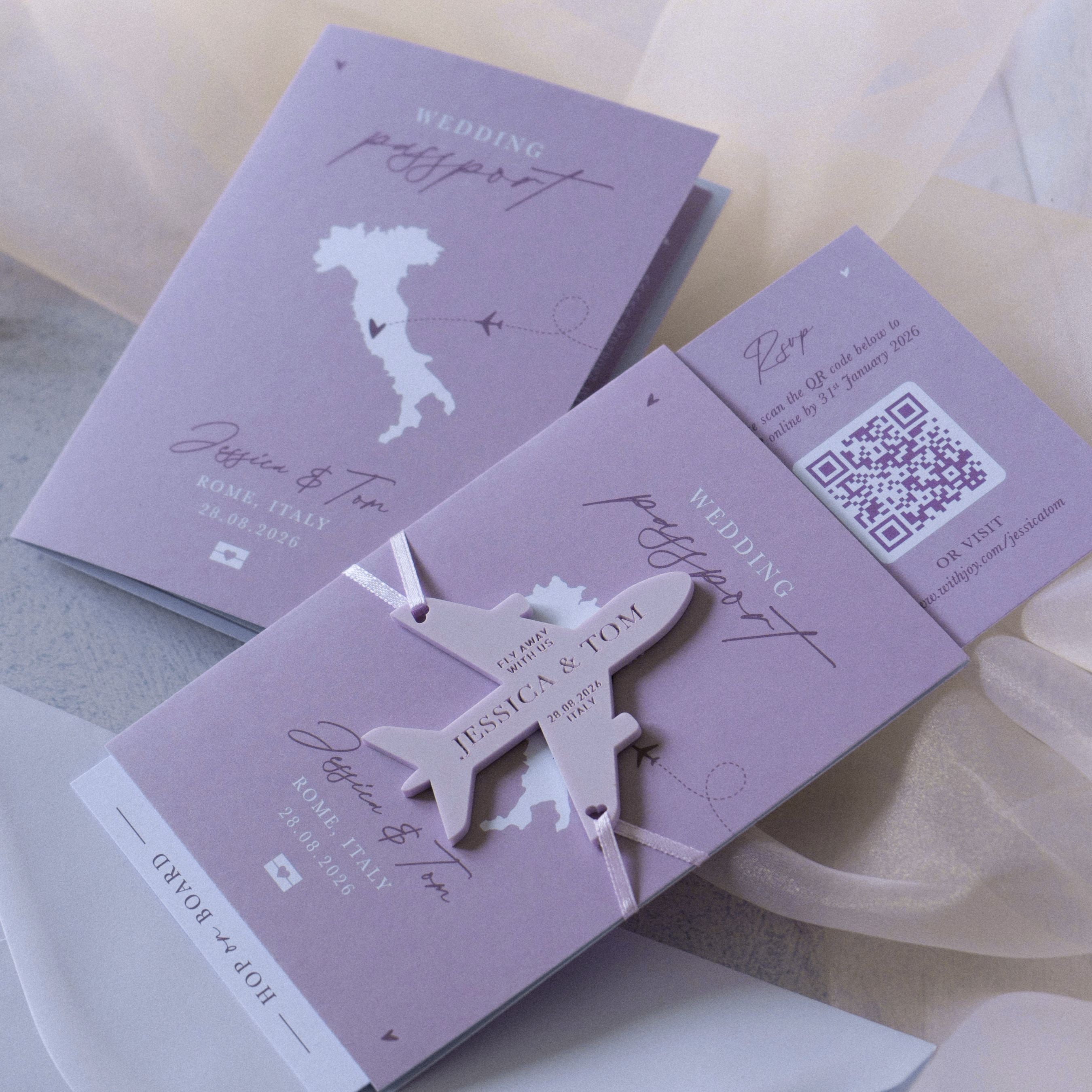 lilac purple lavender passport style wedding invitation with fridge magnet keepsake and RSVP boarding pass card