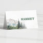 folded wedding guest name card with mountain and forest nature theme
