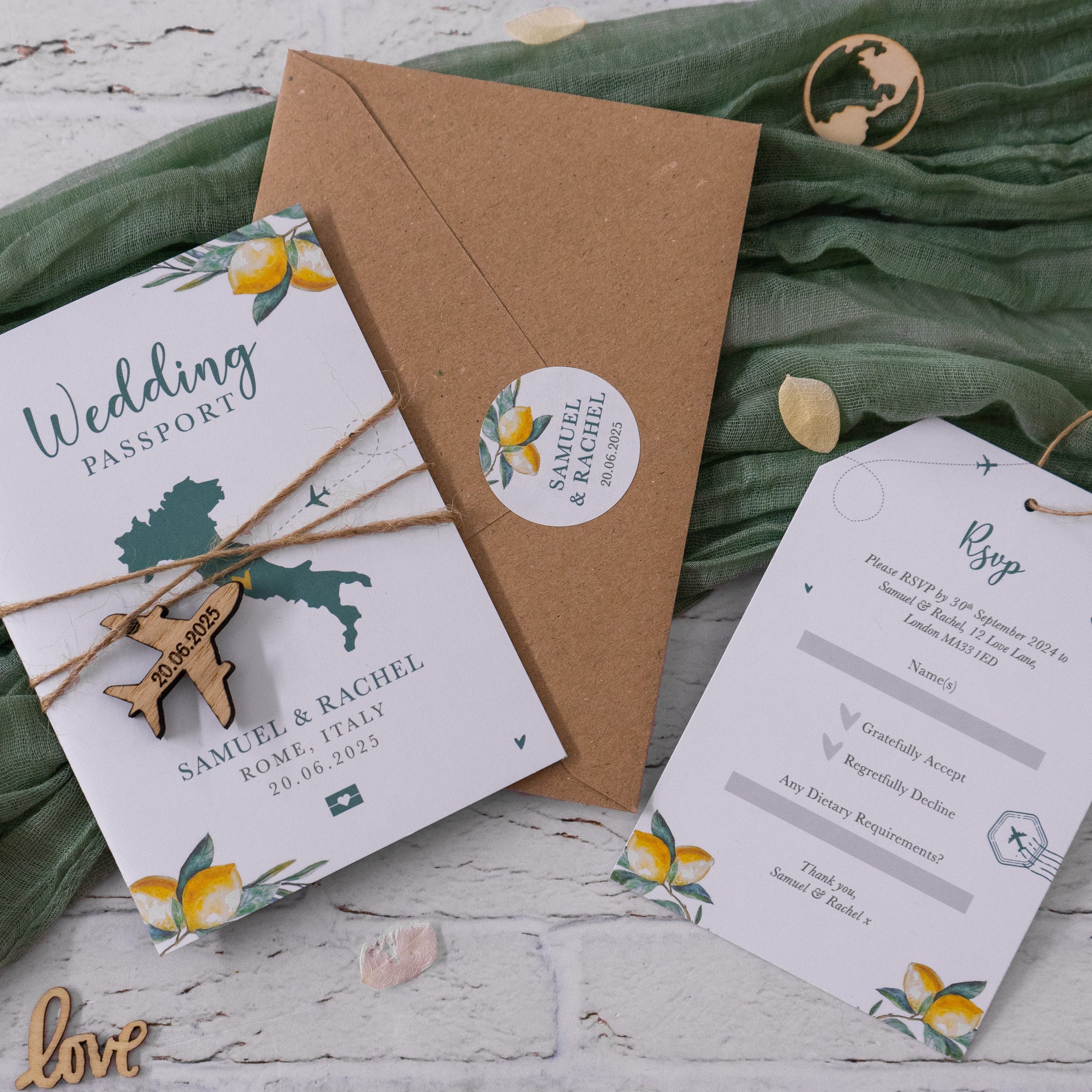 lemon passport wedding invitations, travel themed wedding invitations for destination wedding in Italy. With luggage tag shape RSVP cards