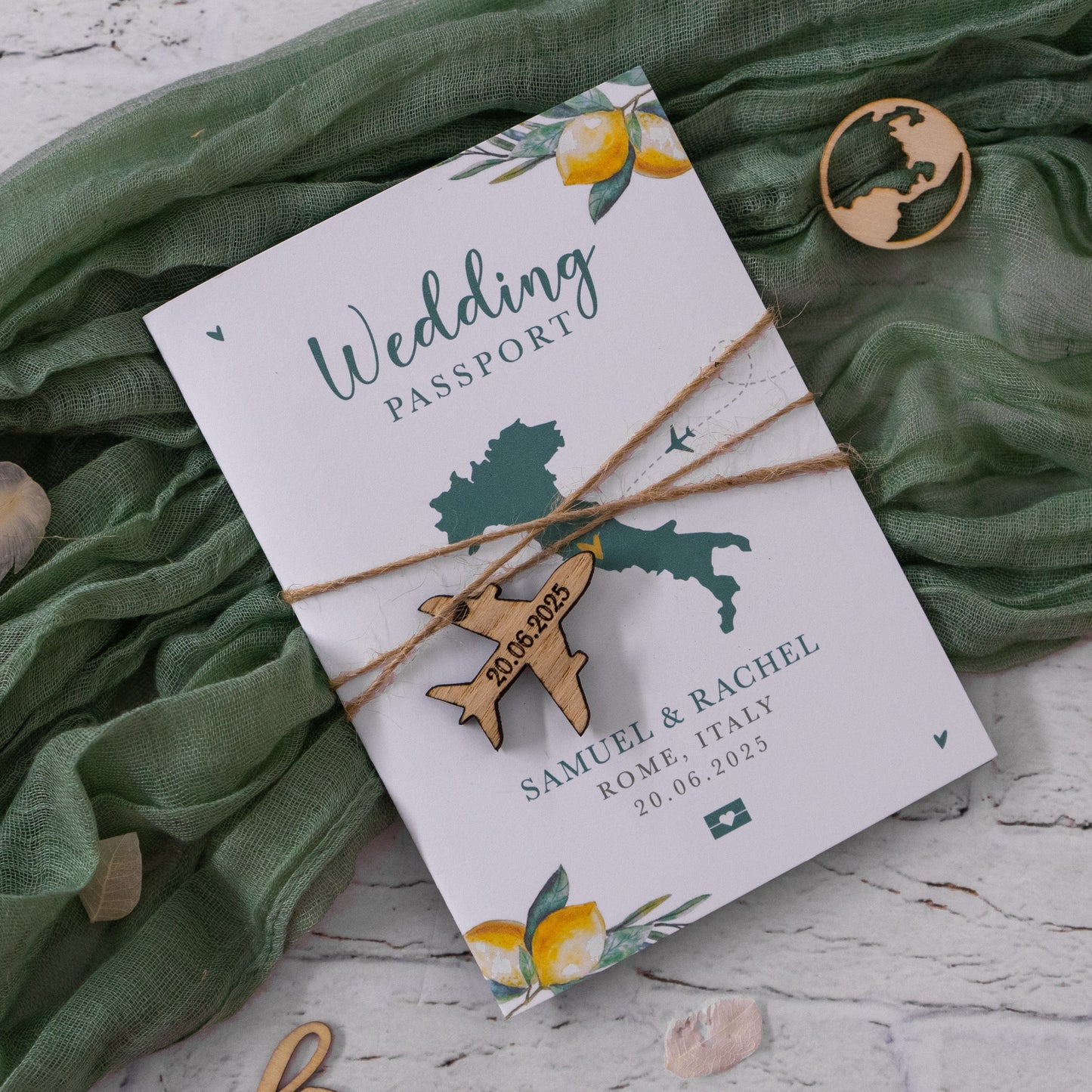 lemon themed passport wedding invitations for a destination wedding in Italy. Destination wedding invitations for abroad wedding. Rustic lemon themed invitatations