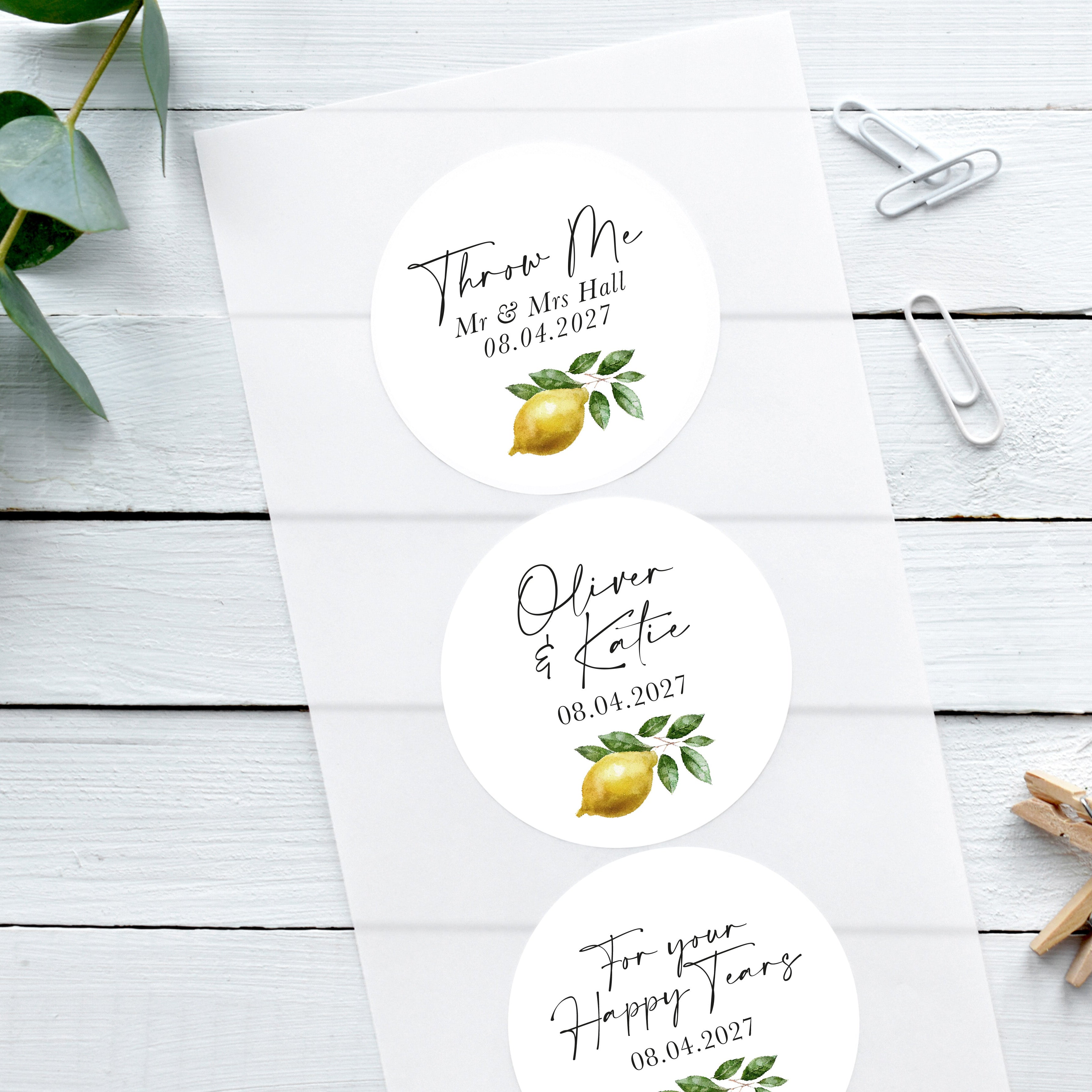 lemon wedding favour stickers, confetti bag stickers with lemon italian design, happy tear stickers, save the date stickers
