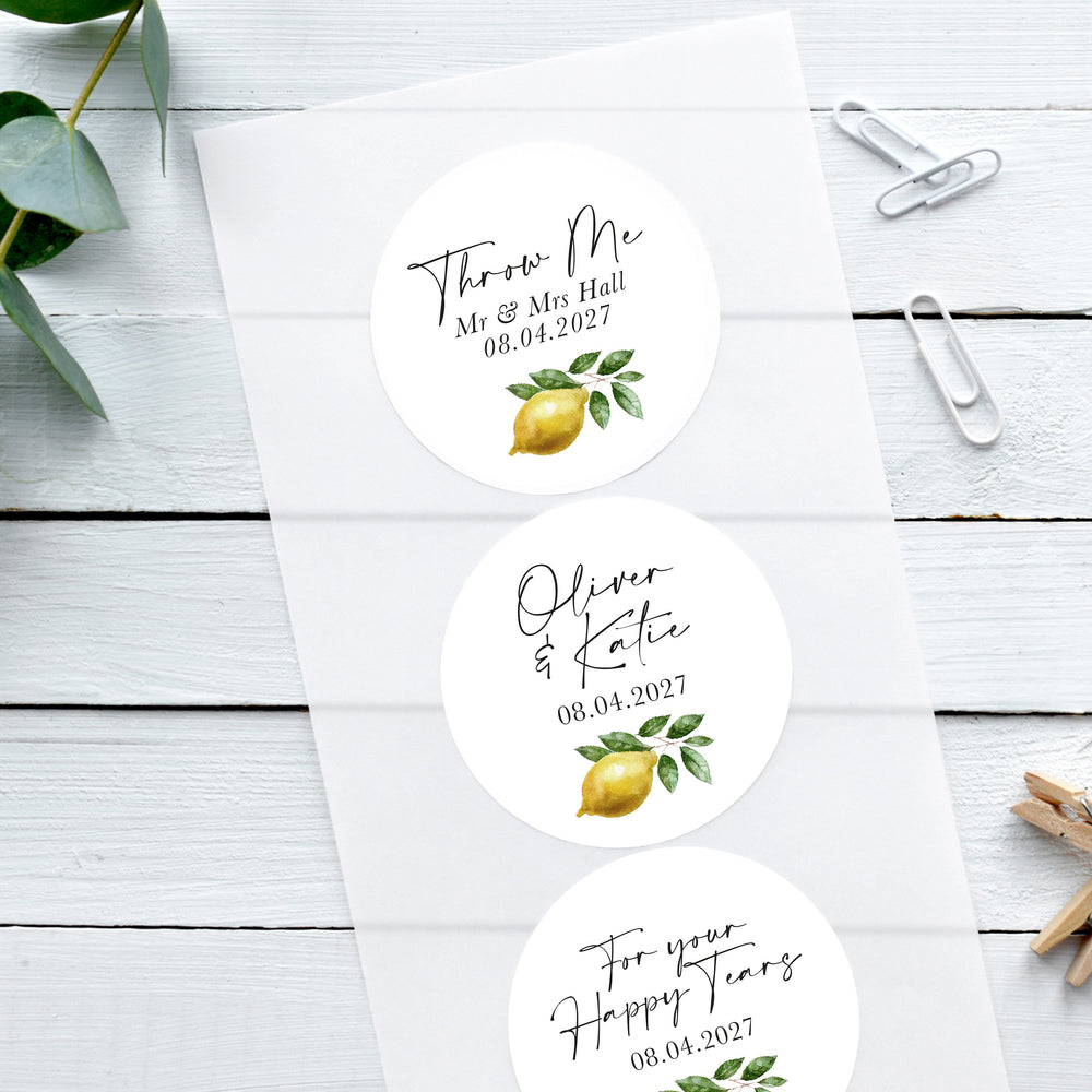 lemon wedding favour stickers, confetti bag stickers with lemon italian design, happy tear stickers, save the date stickers