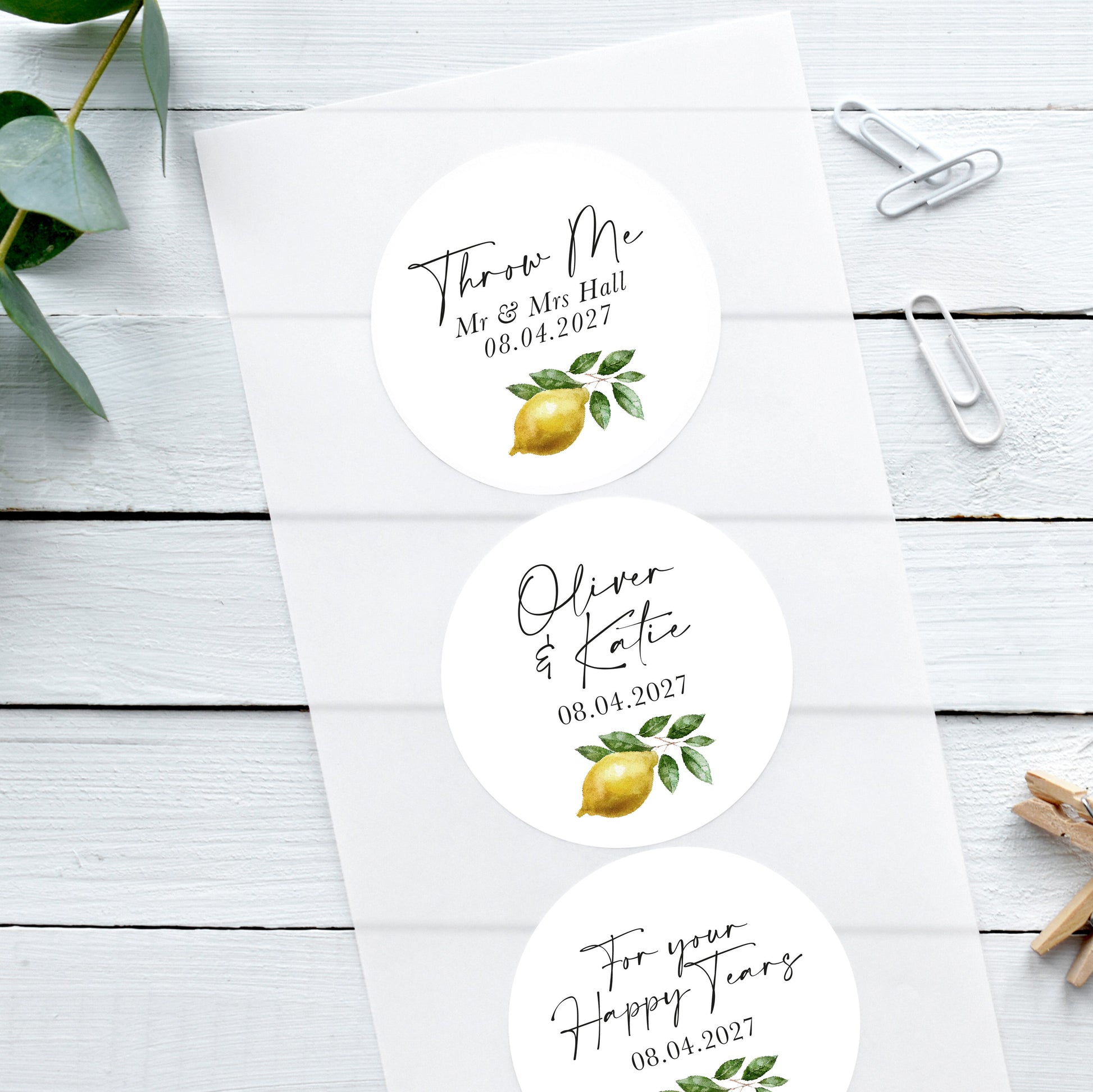 lemon wedding favour stickers, confetti bag stickers with lemon italian design, happy tear stickers, save the date stickers