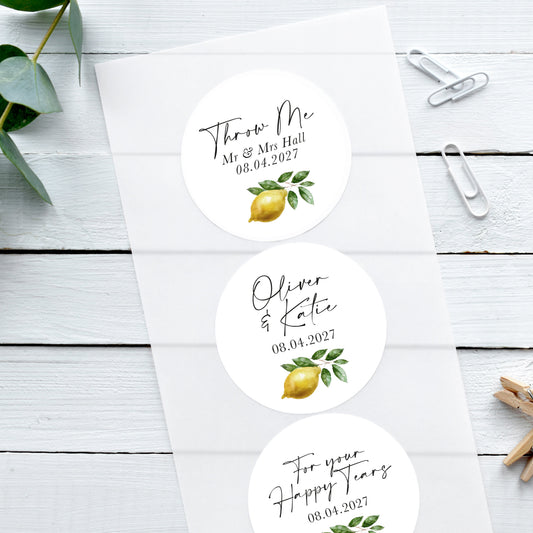 lemon wedding favour stickers, confetti bag stickers with lemon italian design, happy tear stickers, save the date stickers