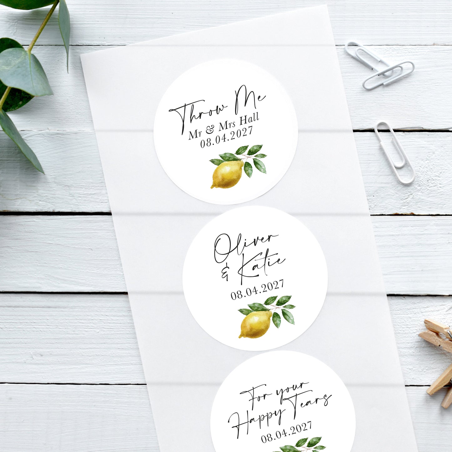 lemon wedding favour stickers, confetti bag stickers with lemon italian design, happy tear stickers, save the date stickers