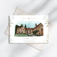 Wedding save-the-date card featuring a bespoke watercolour illustration painting of the Notley Abbey, Buckinghamshire