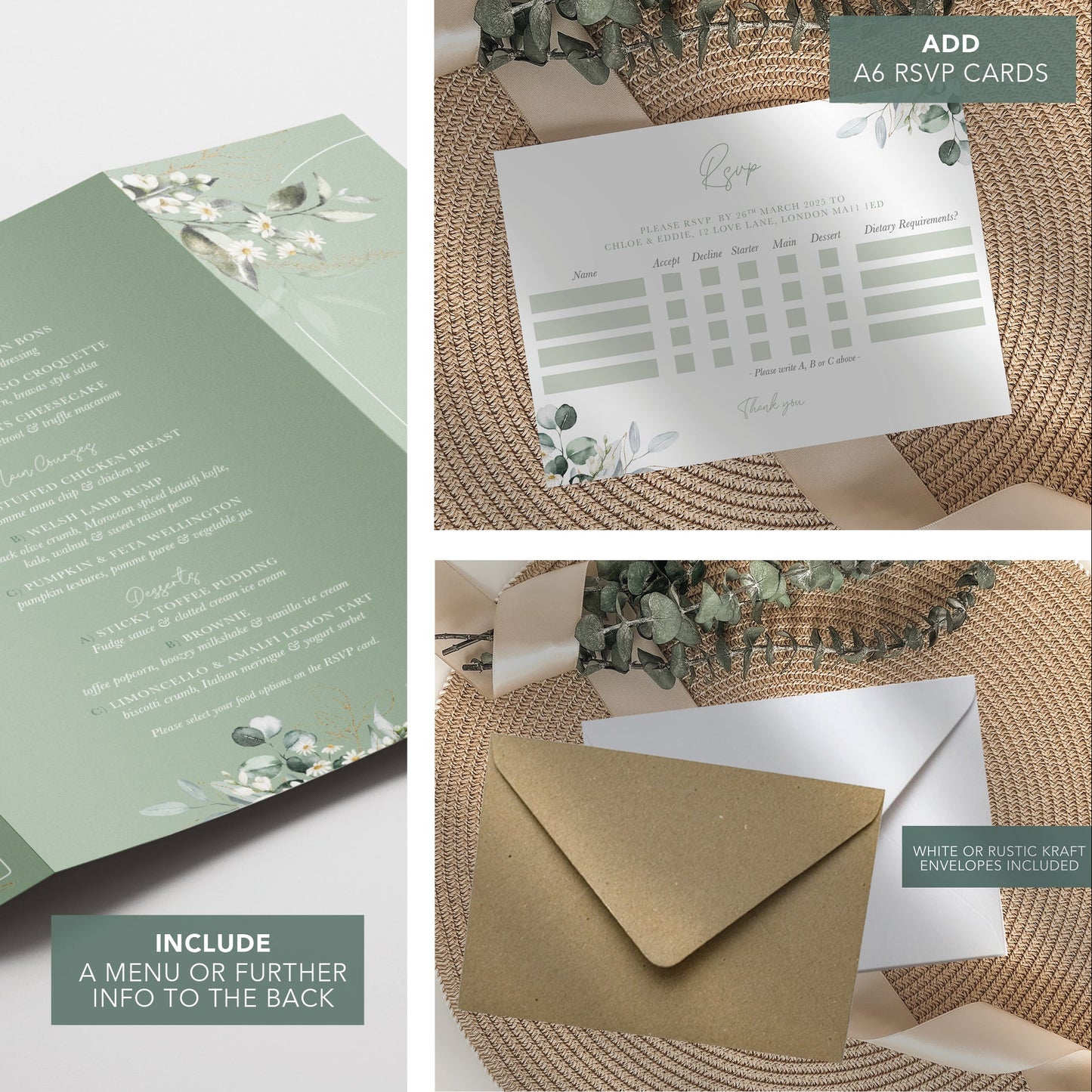 Sage Green Daisy Floral Illustrated Gatefold Wedding Invitation