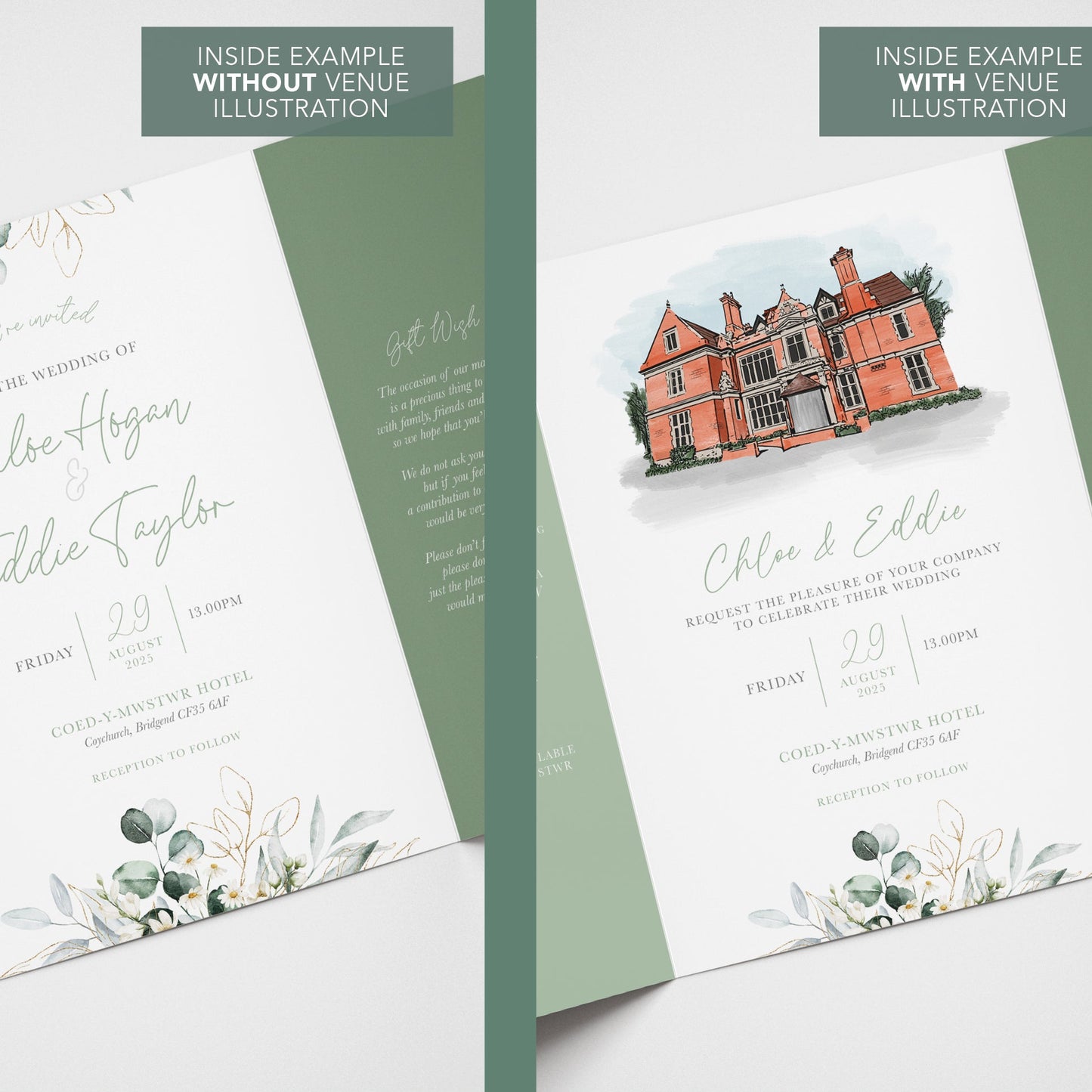 Sage Green Daisy Floral Illustrated Gatefold Wedding Invitation