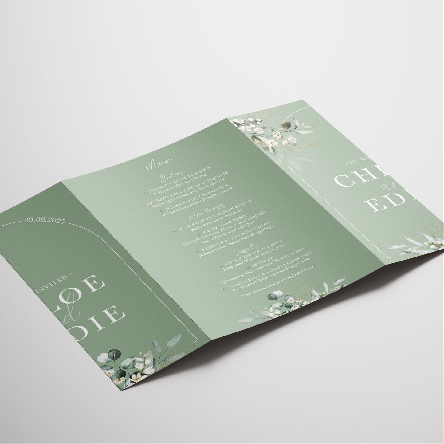 Sage Green Daisy Floral Illustrated Gatefold Wedding Invitation