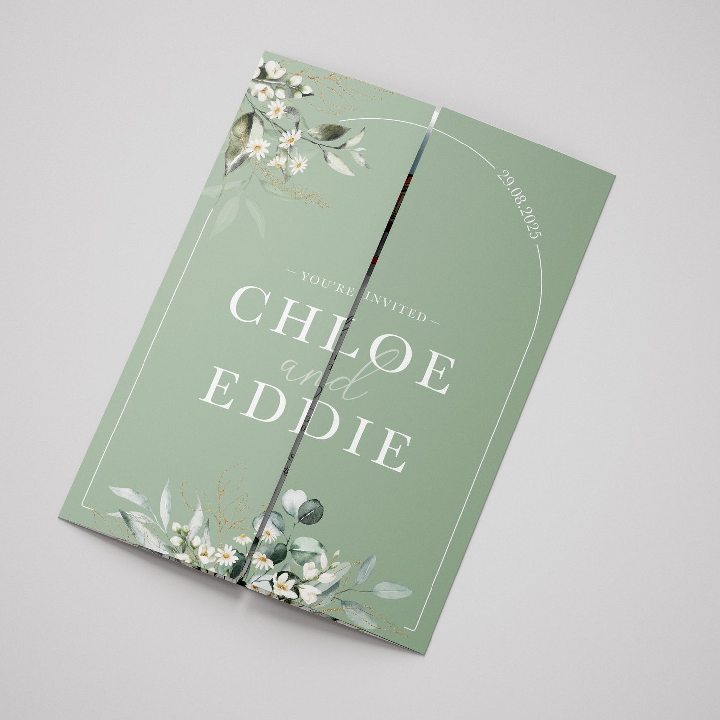 Sage Green Daisy Floral Illustrated Gatefold Wedding Invitation