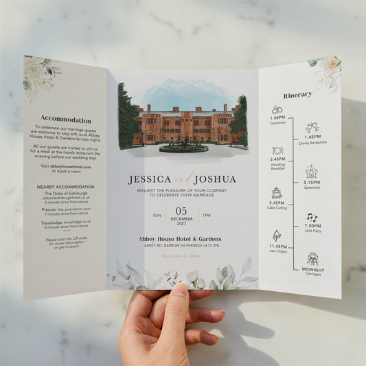 White Floral Illustrated Gatefold Wedding Invitation