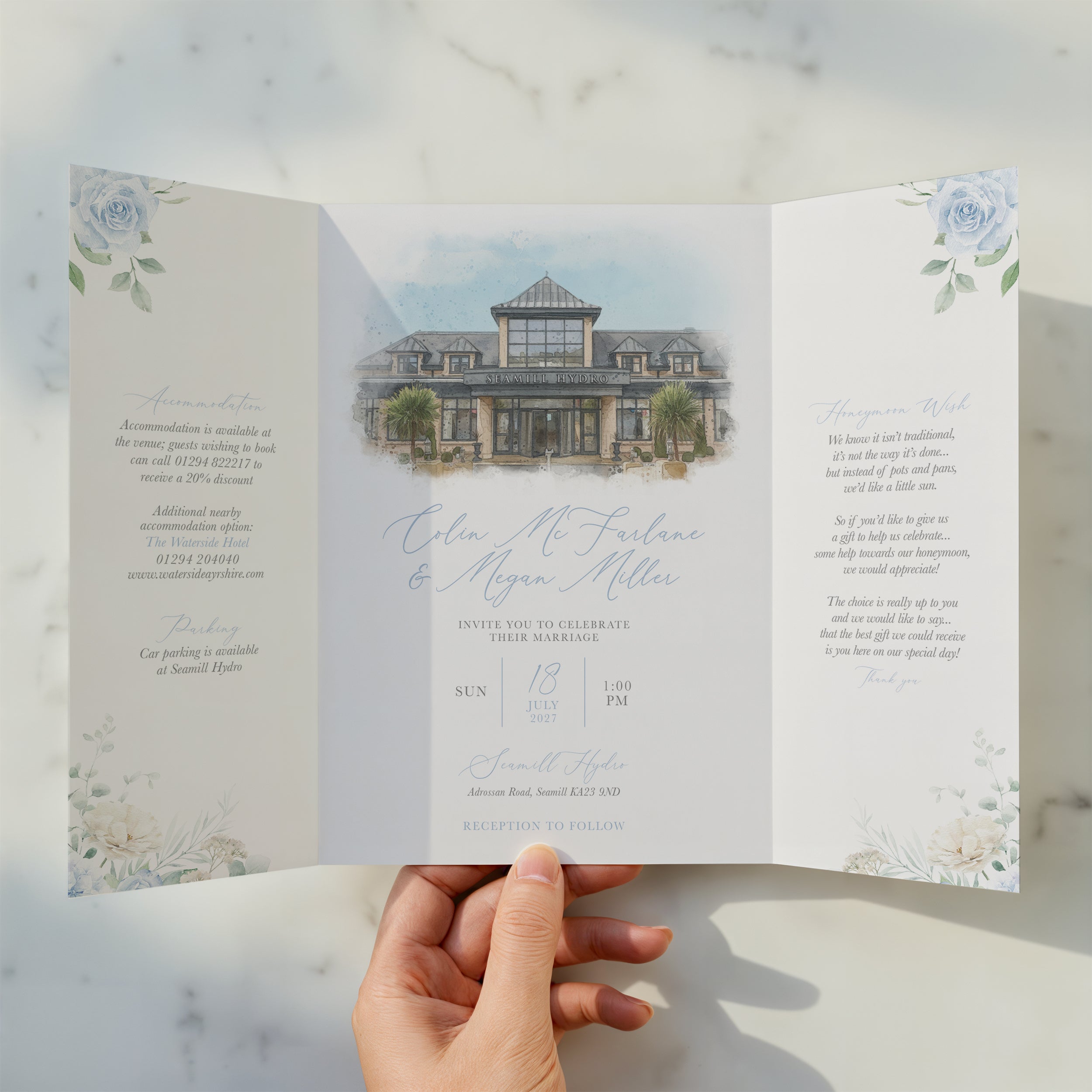 Dusty Blue Floral Illustrated Gatefold Wedding Invitation