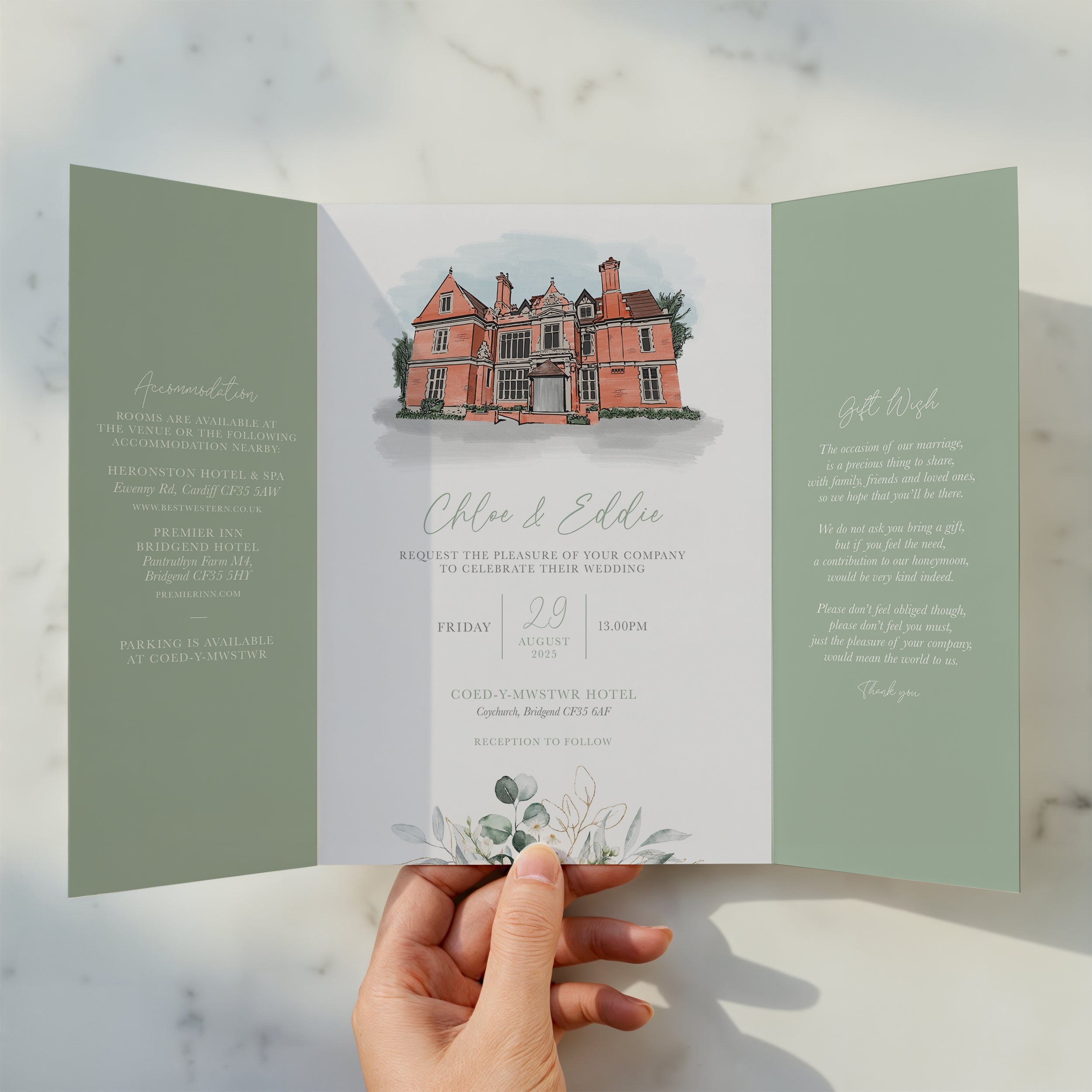 Sage Green Daisy Floral Illustrated Gatefold Wedding Invitation