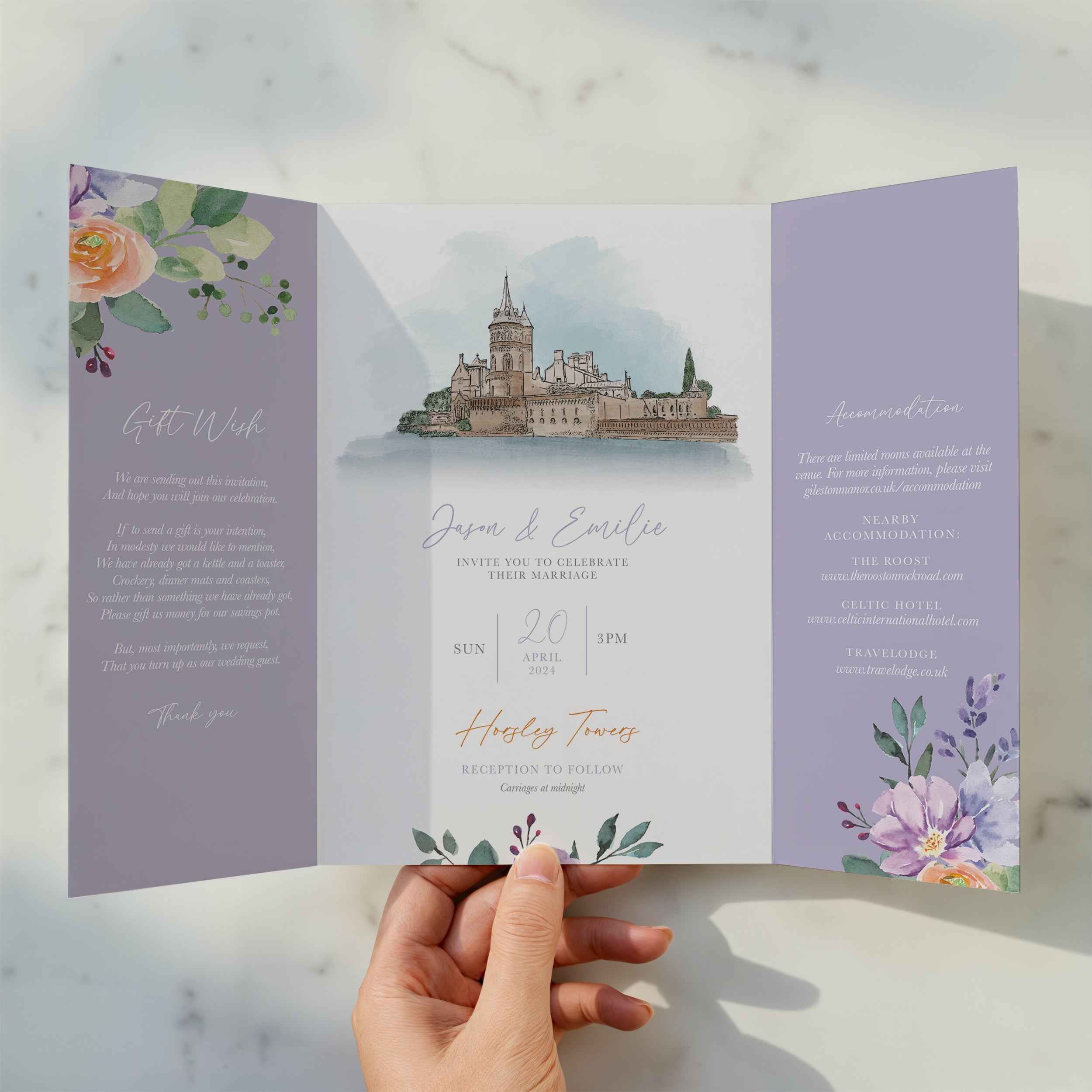 Lilac & Orange Floral Illustrated Gatefold Wedding Invitation
