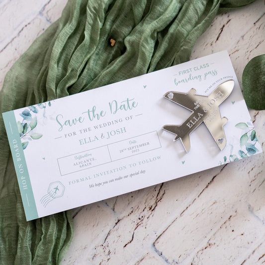 Sage Green Eucalyptus Boarding Pass Save the Dates