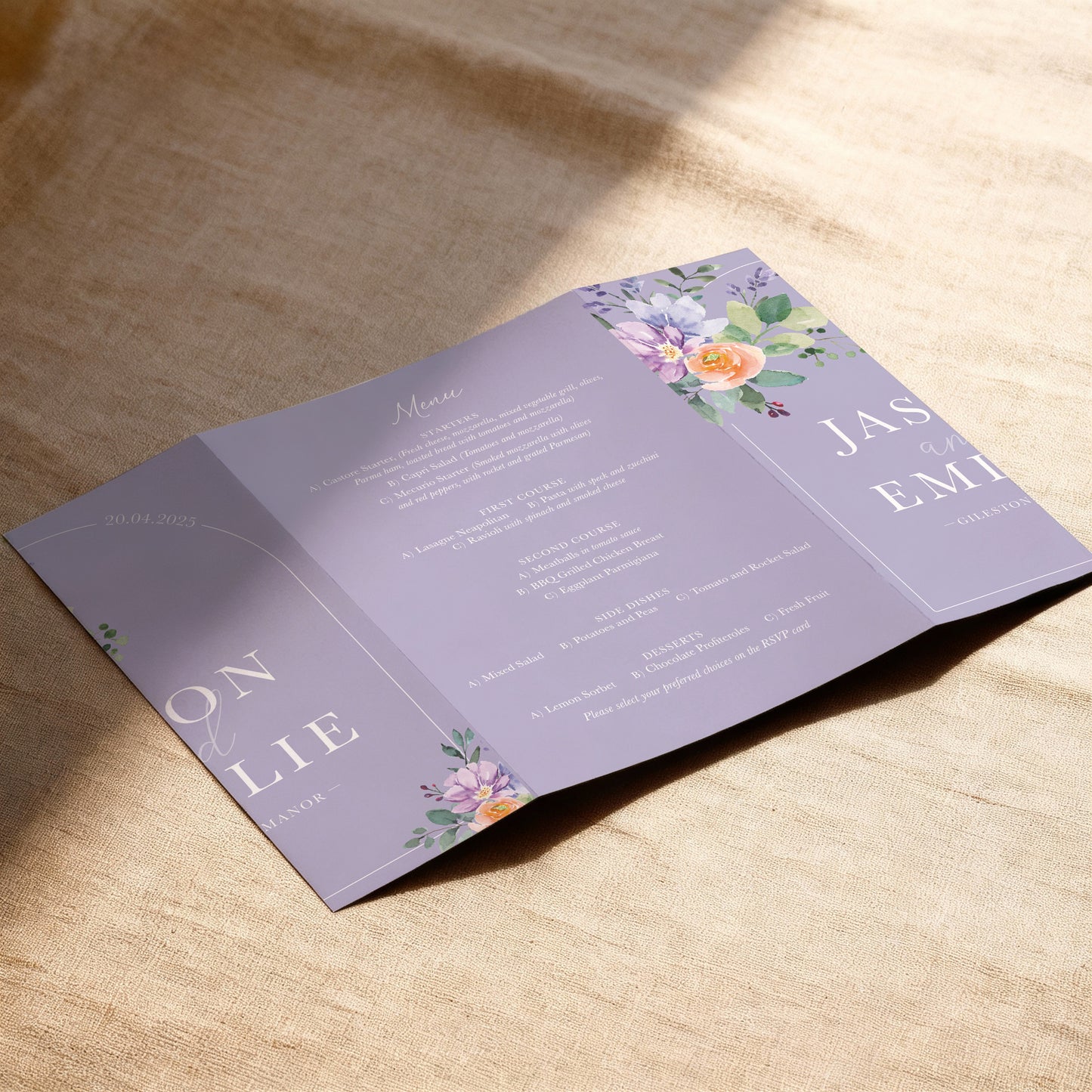 Lilac & Orange Floral Illustrated Gatefold Wedding Invitation