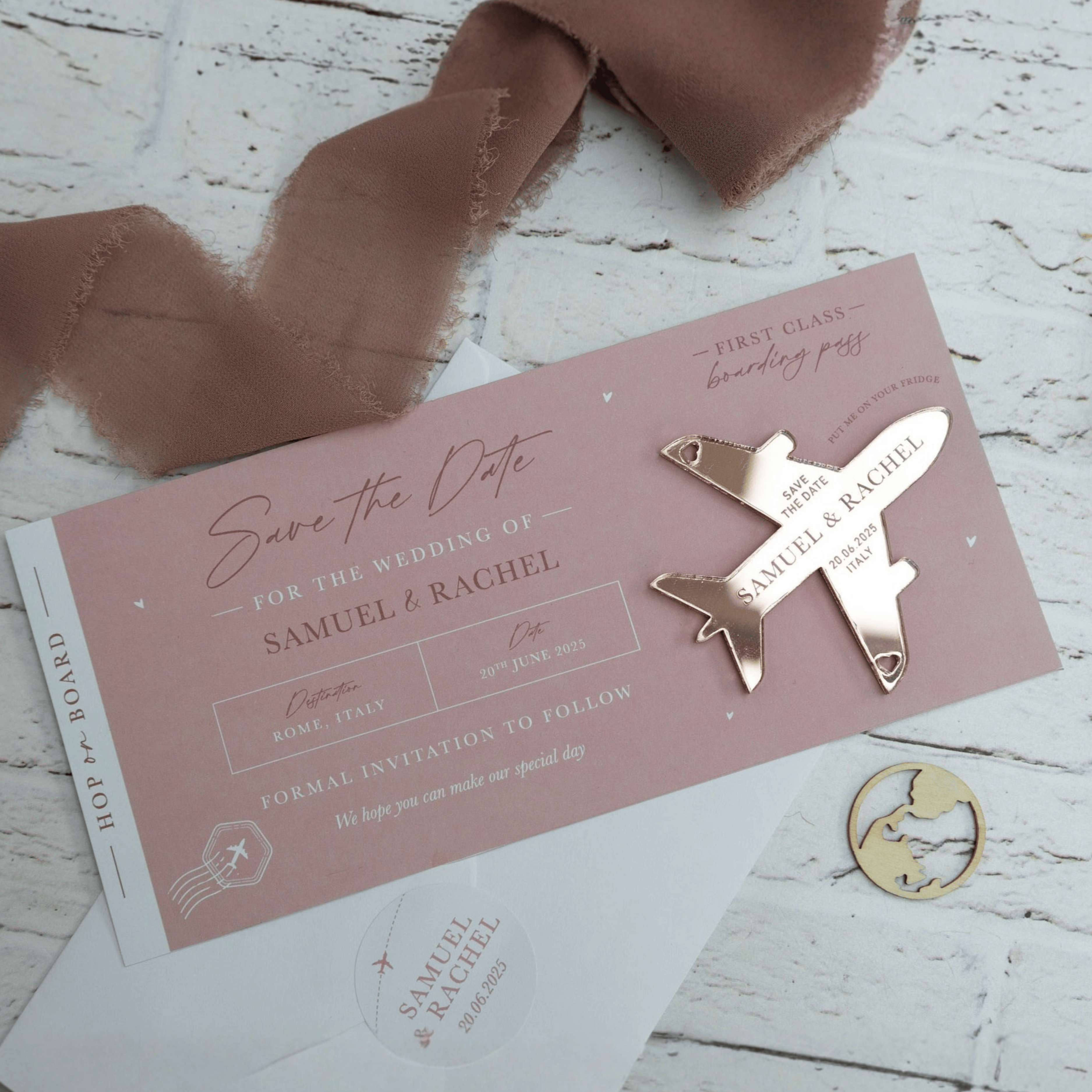 Dusky Pink Boarding Pass Save the Dates