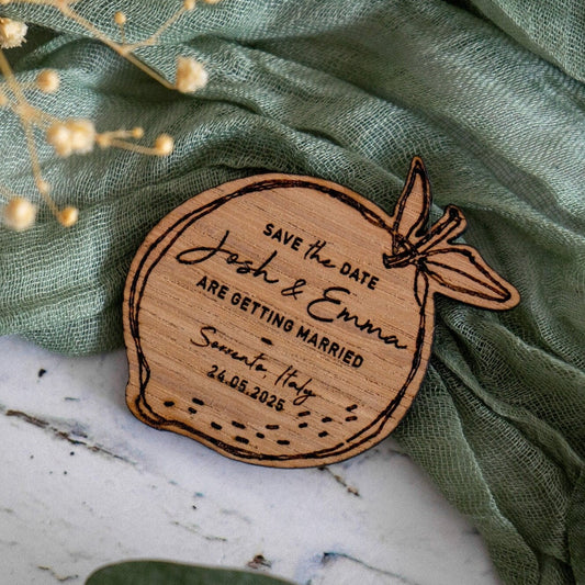 lemon shaped save the dates with fridge magnet keepsake, rustic save the date, wood or acrylic