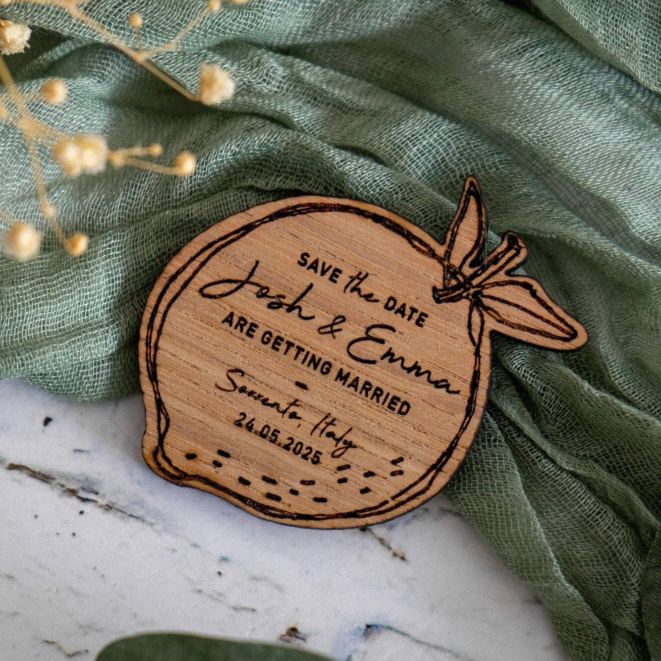 lemon shaped save the dates with fridge magnet keepsake, rustic save the date, wood or acrylic
