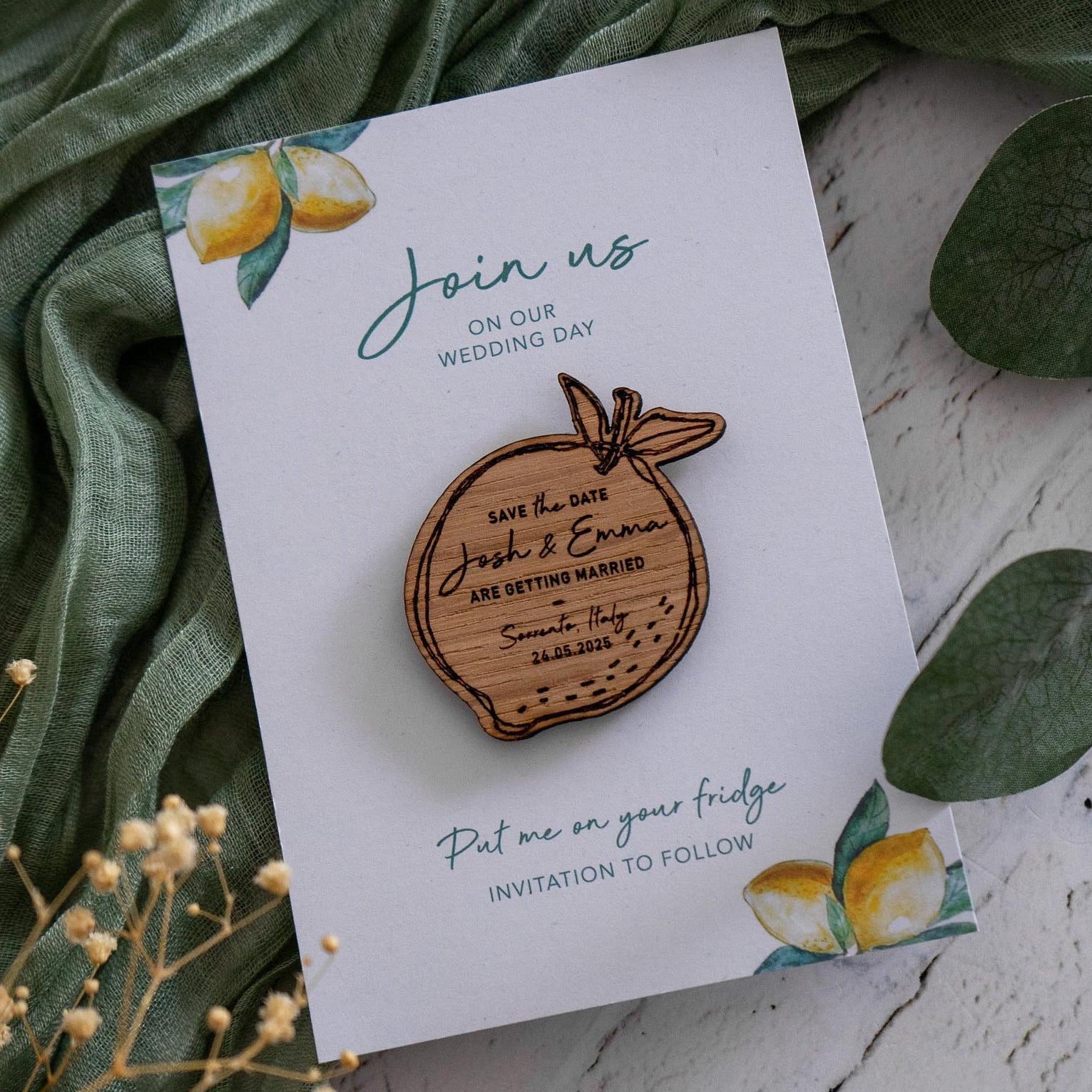 Wooden save the date fridge magnet on a lemon theme card for destination wedding in italy