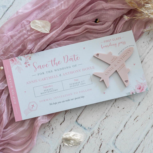 Pink Floral Boarding Pass Save the Dates