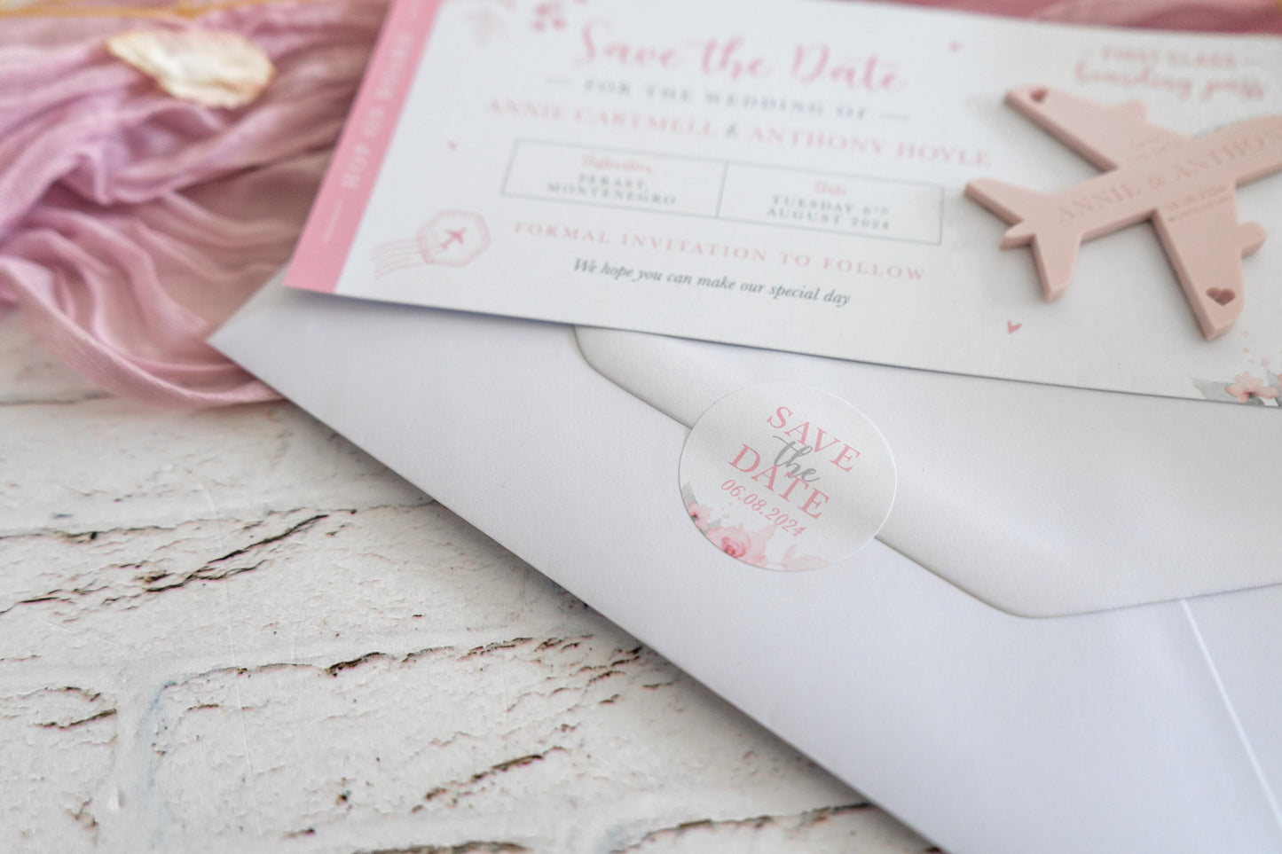 Pink Floral Boarding Pass Save the Dates
