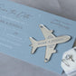 dusty blue boarding pass save the date with silver plane fridge maget keepsake

