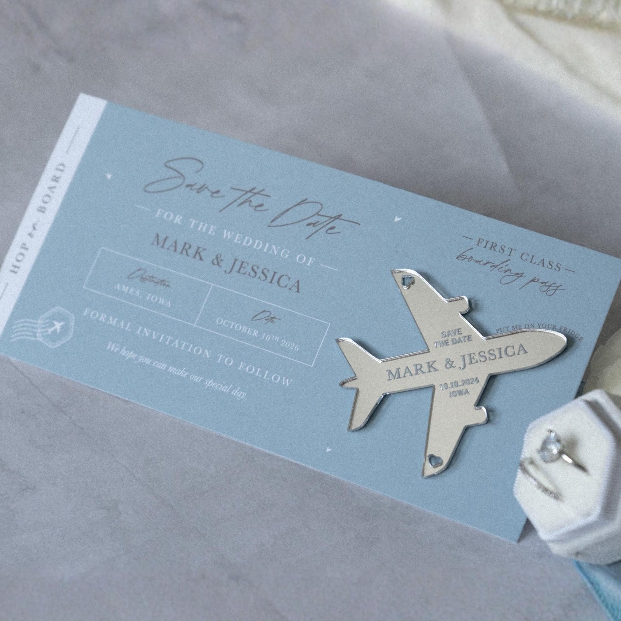 Dusty Blue Boarding Pass Save the Dates