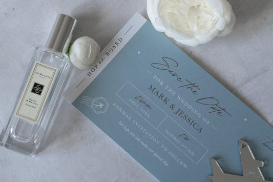 Dusty Blue Boarding Pass Save the Dates