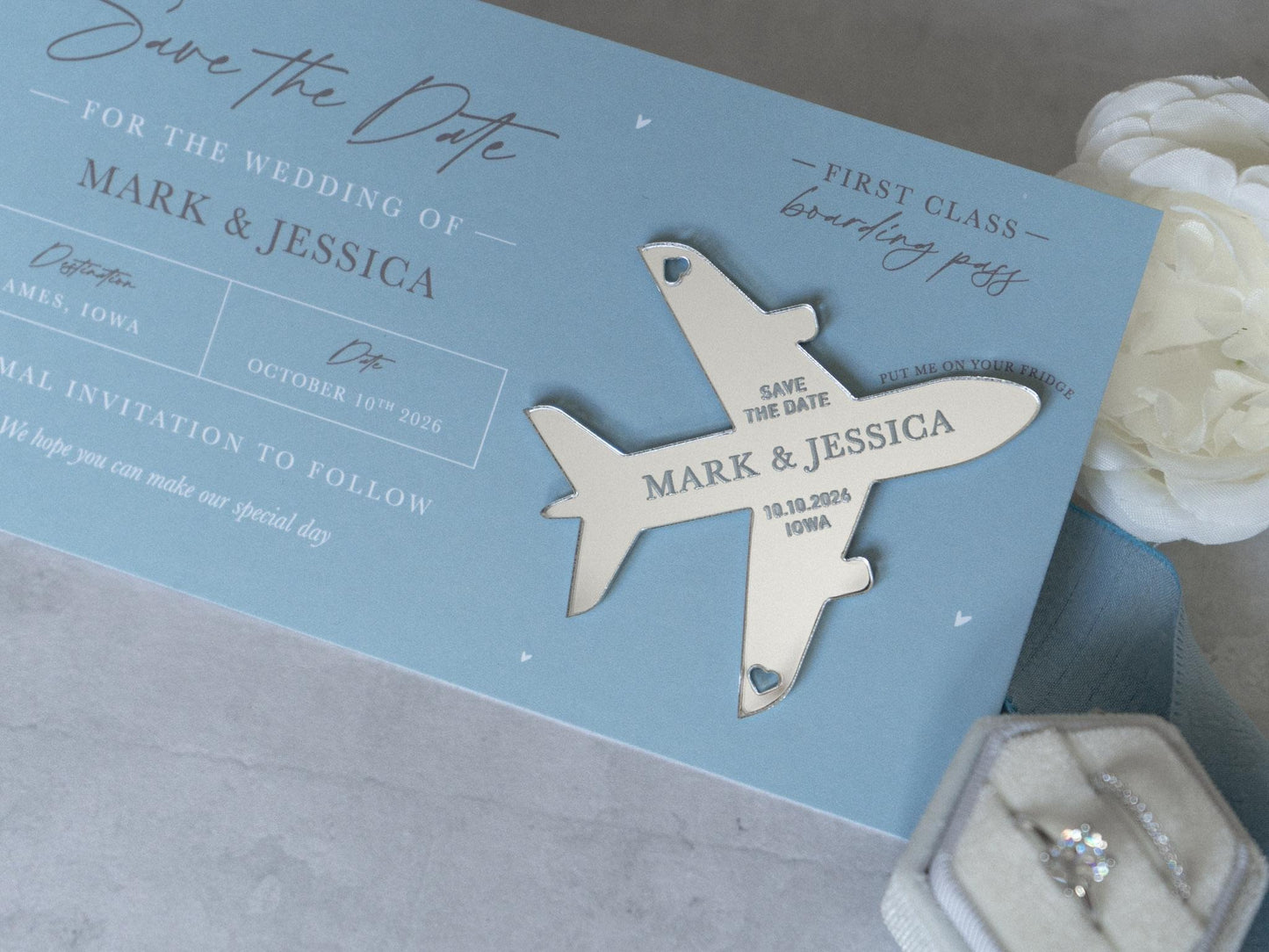 Dusty Blue Boarding Pass Save the Dates