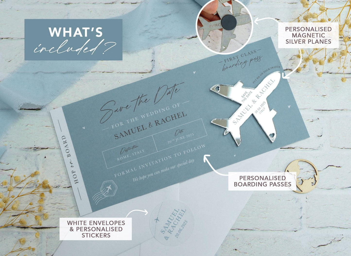 Dusty Blue Boarding Pass Save the Dates