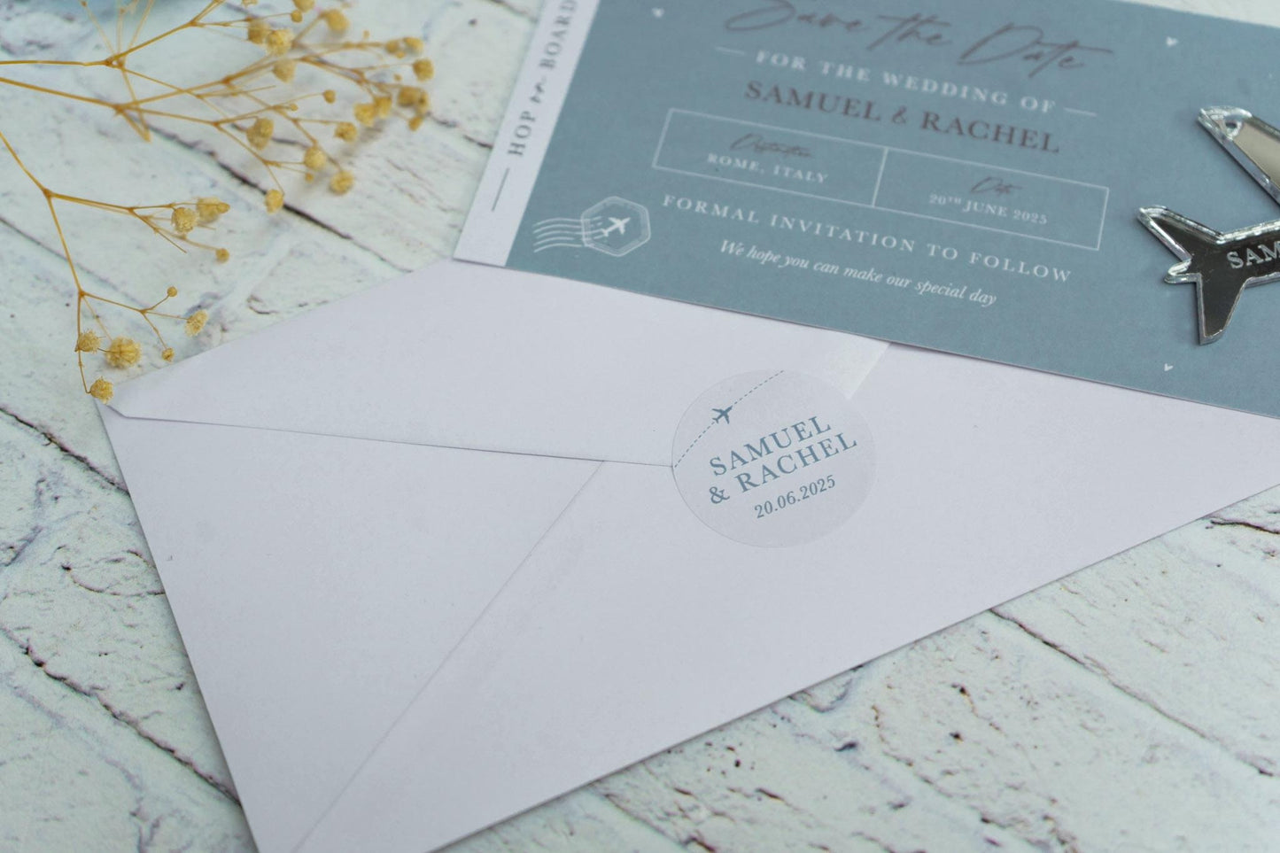 Dusty Blue Boarding Pass Save the Dates