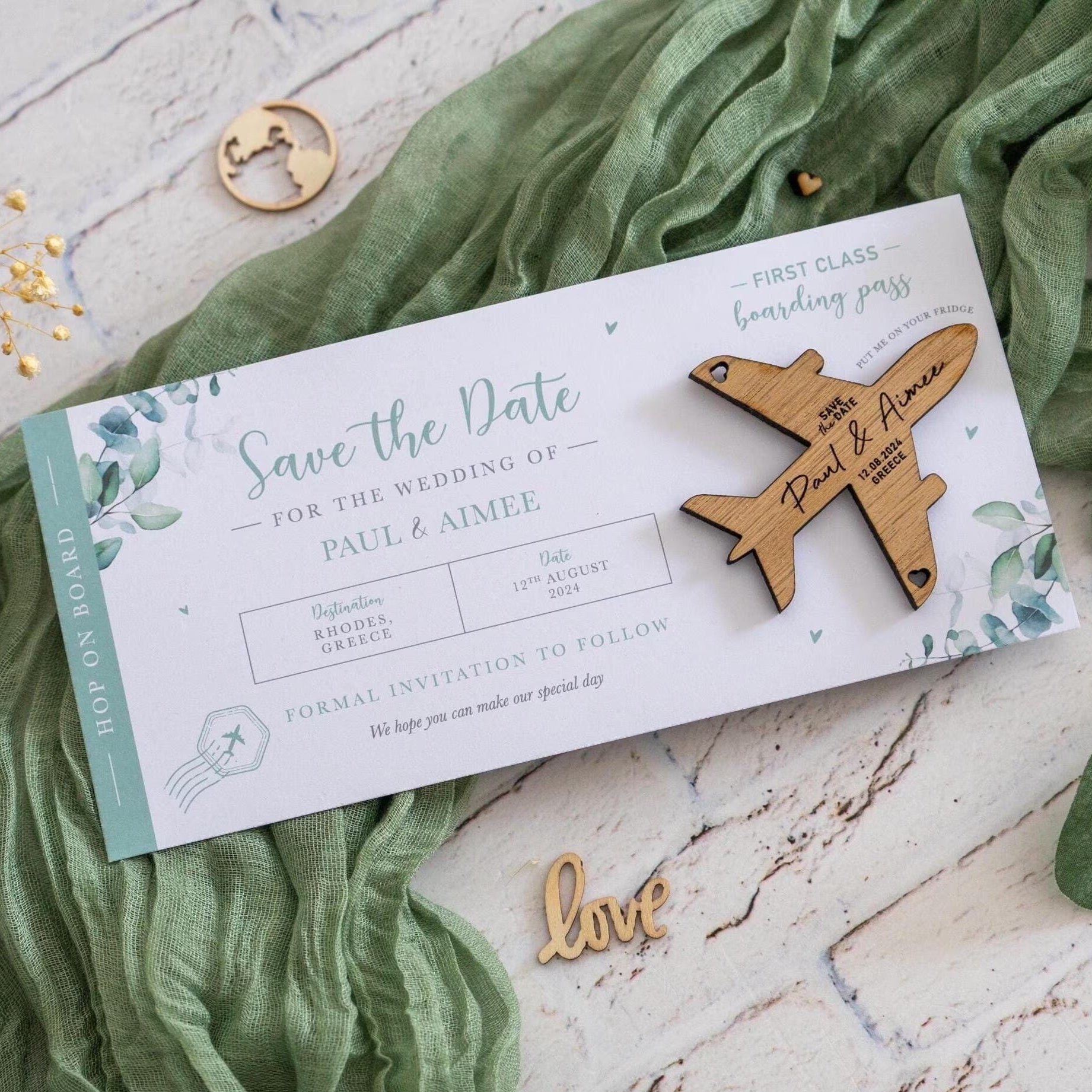 Sage Green Eucalyptus Boarding Pass Save the Dates