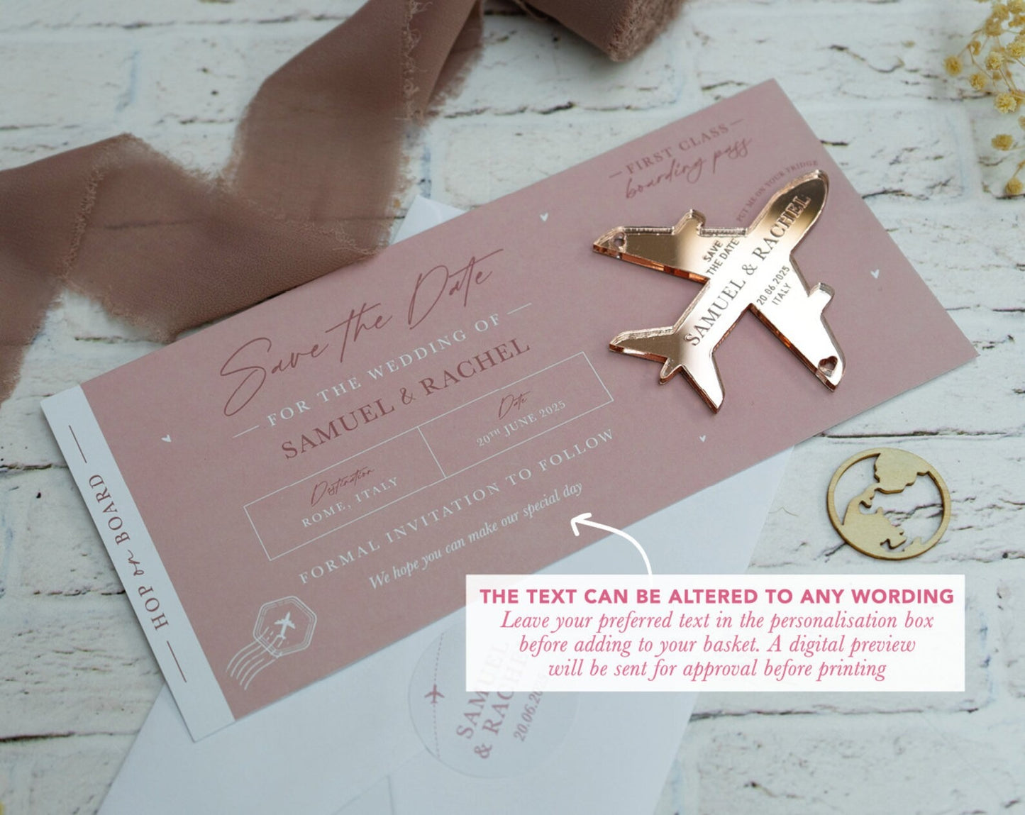 Dusky Pink Boarding Pass Save the Dates