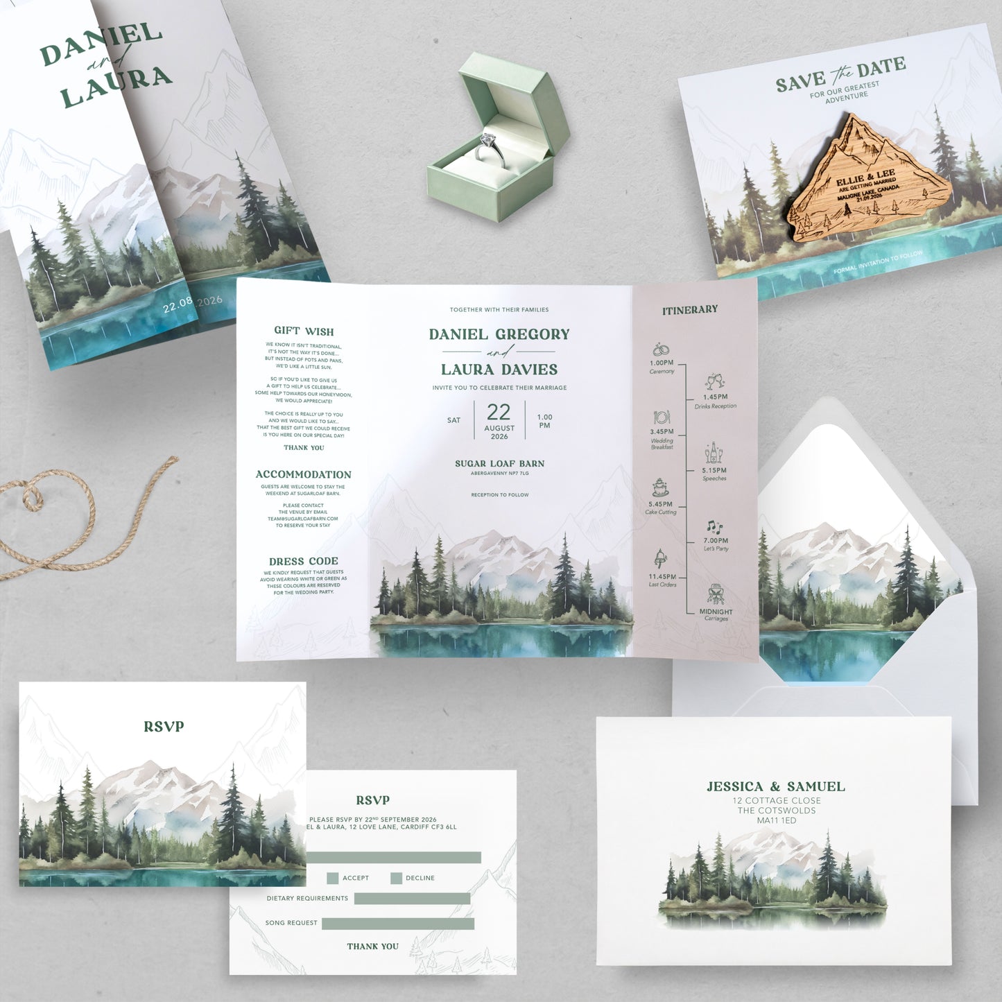 Lakes and Mountains Illustrated Gatefold Wedding Invitation