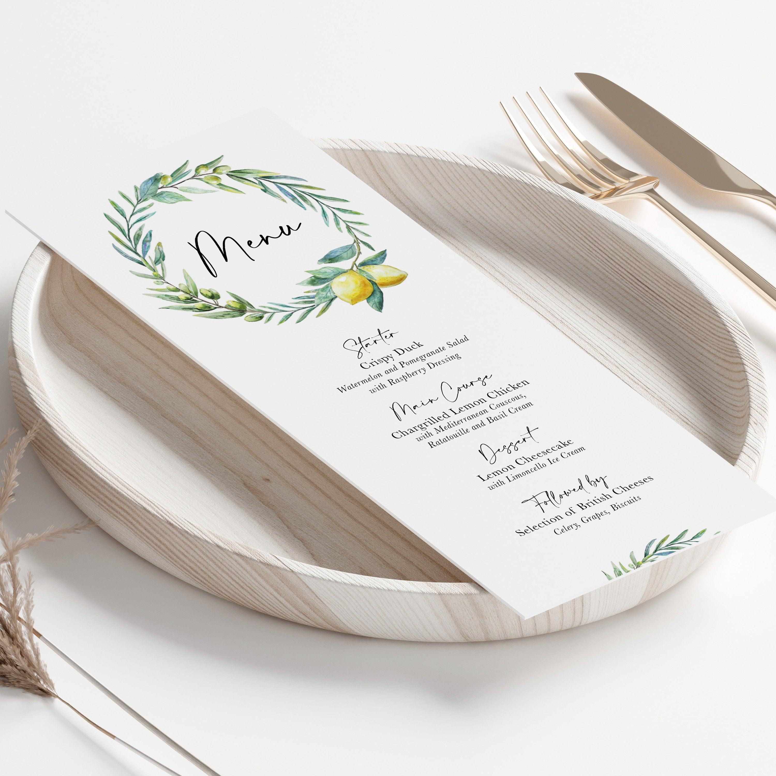 Lemon wedding menus, with watercolour lemon wreath pattern for Italy wedding, wedding menu personalised with name 