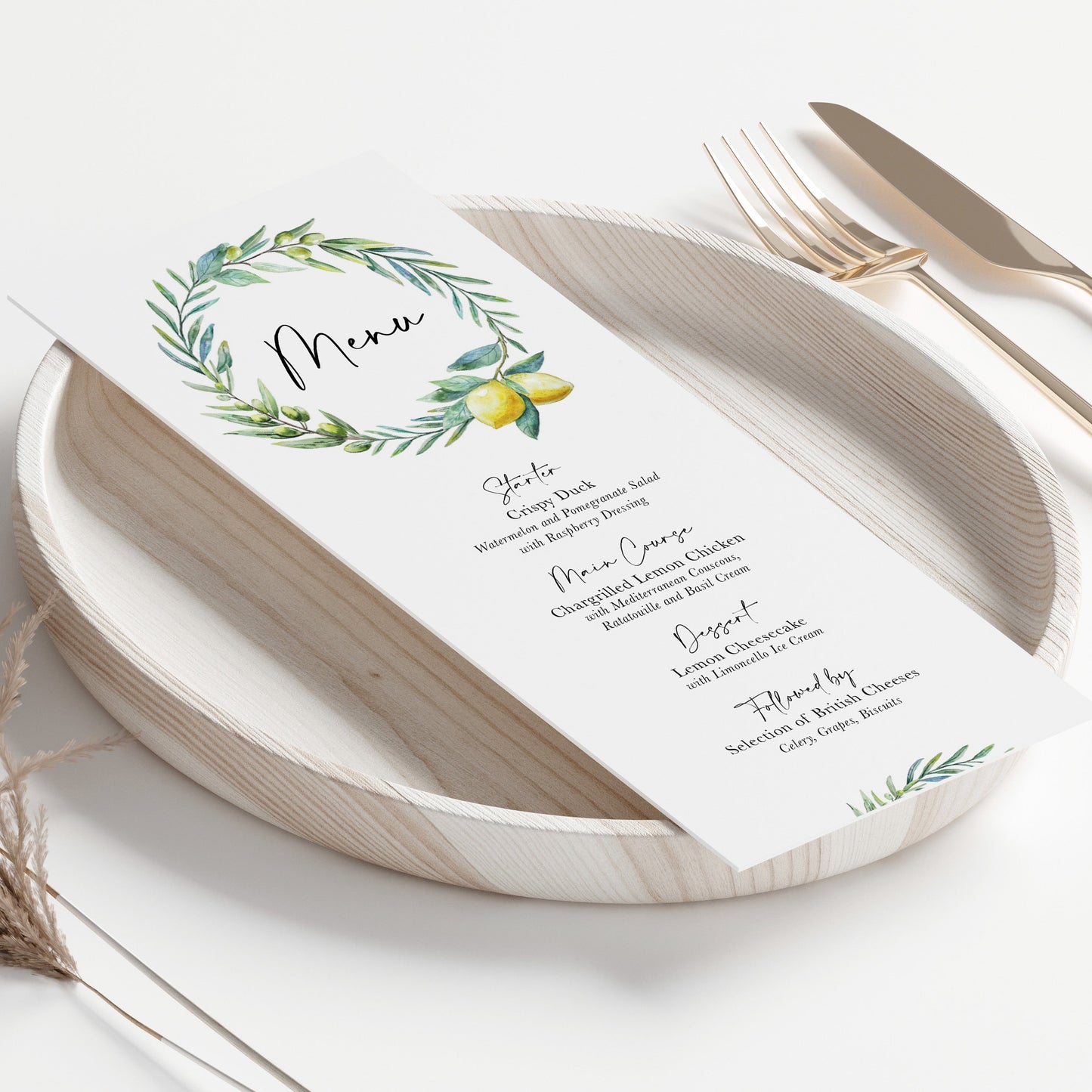 Lemon wedding menus, with watercolour lemon wreath pattern for Italy wedding, wedding menu personalised with name 