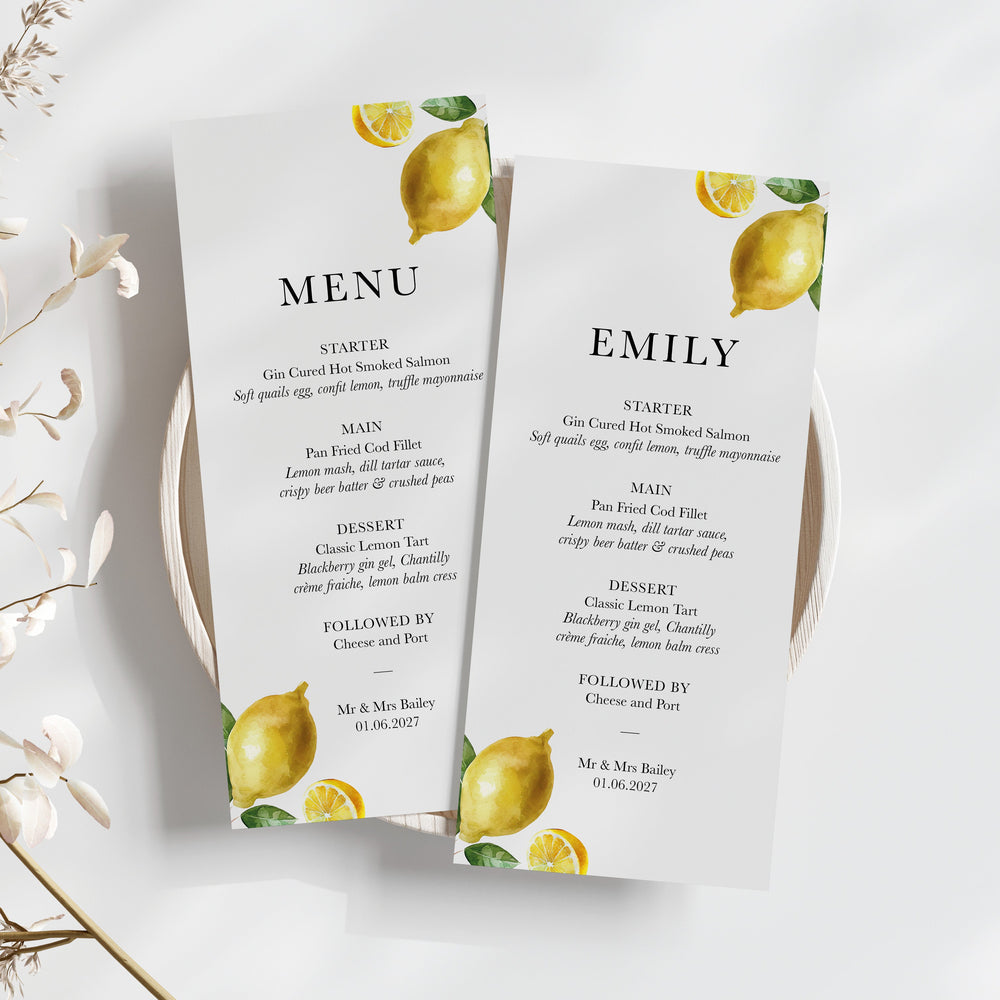 Lemon wedding menus, with watercolour lemon pattern for Italy wedding, wedding menu personalised with name 