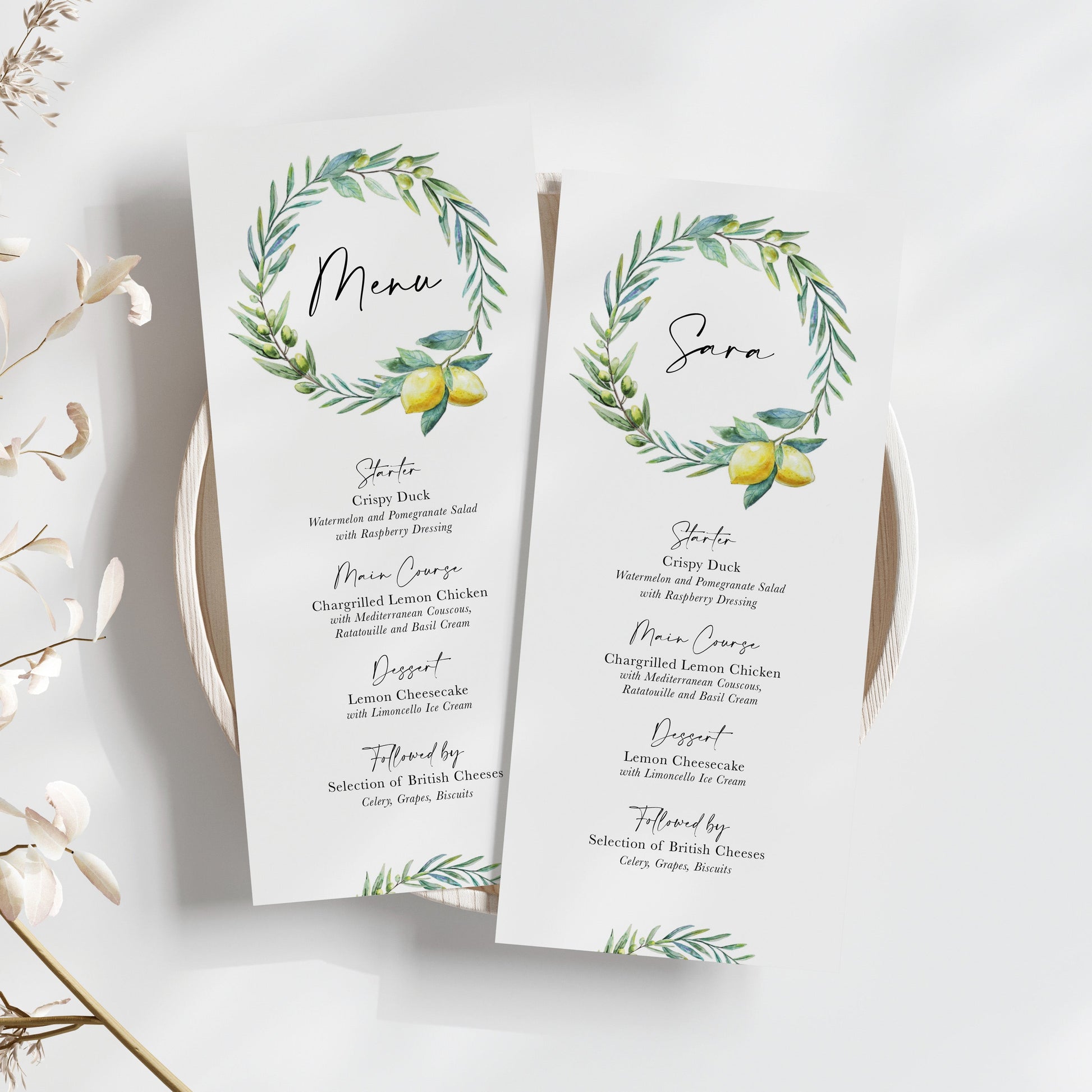 Lemon wedding menus, with watercolour lemon wreath pattern for Italy wedding, wedding menu personalised with name 
