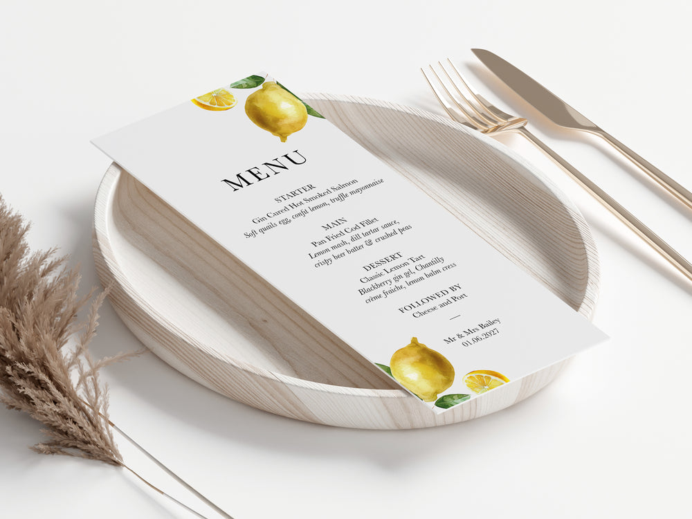 Lemon wedding menus, with watercolour lemon pattern for Italy wedding, wedding menu personalised with name 