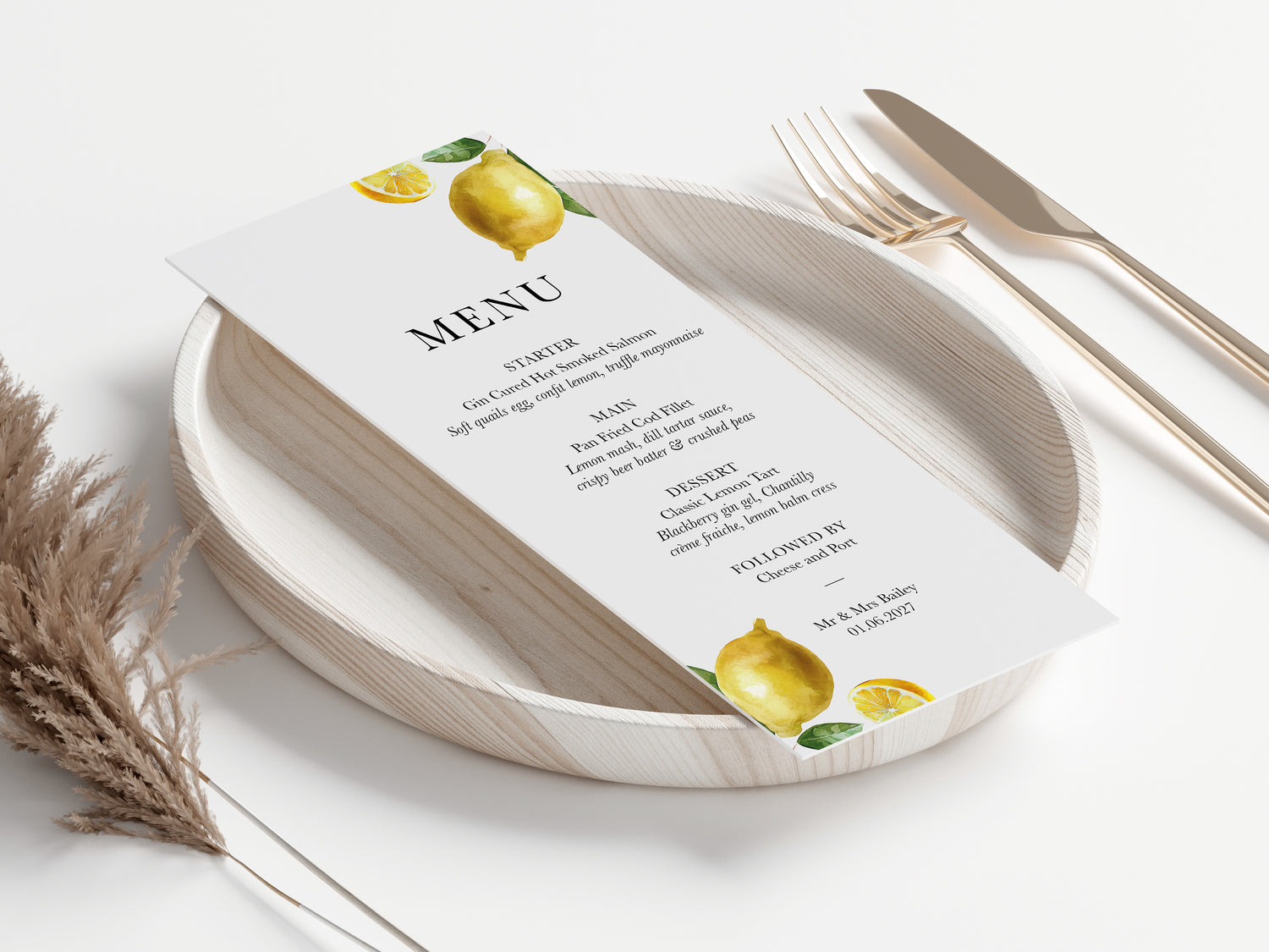 Lemon wedding menus, with watercolour lemon pattern for Italy wedding, wedding menu personalised with name 