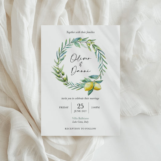 Wedding invitation card with lemon and olive watercolour design for destination italian wedding in italy